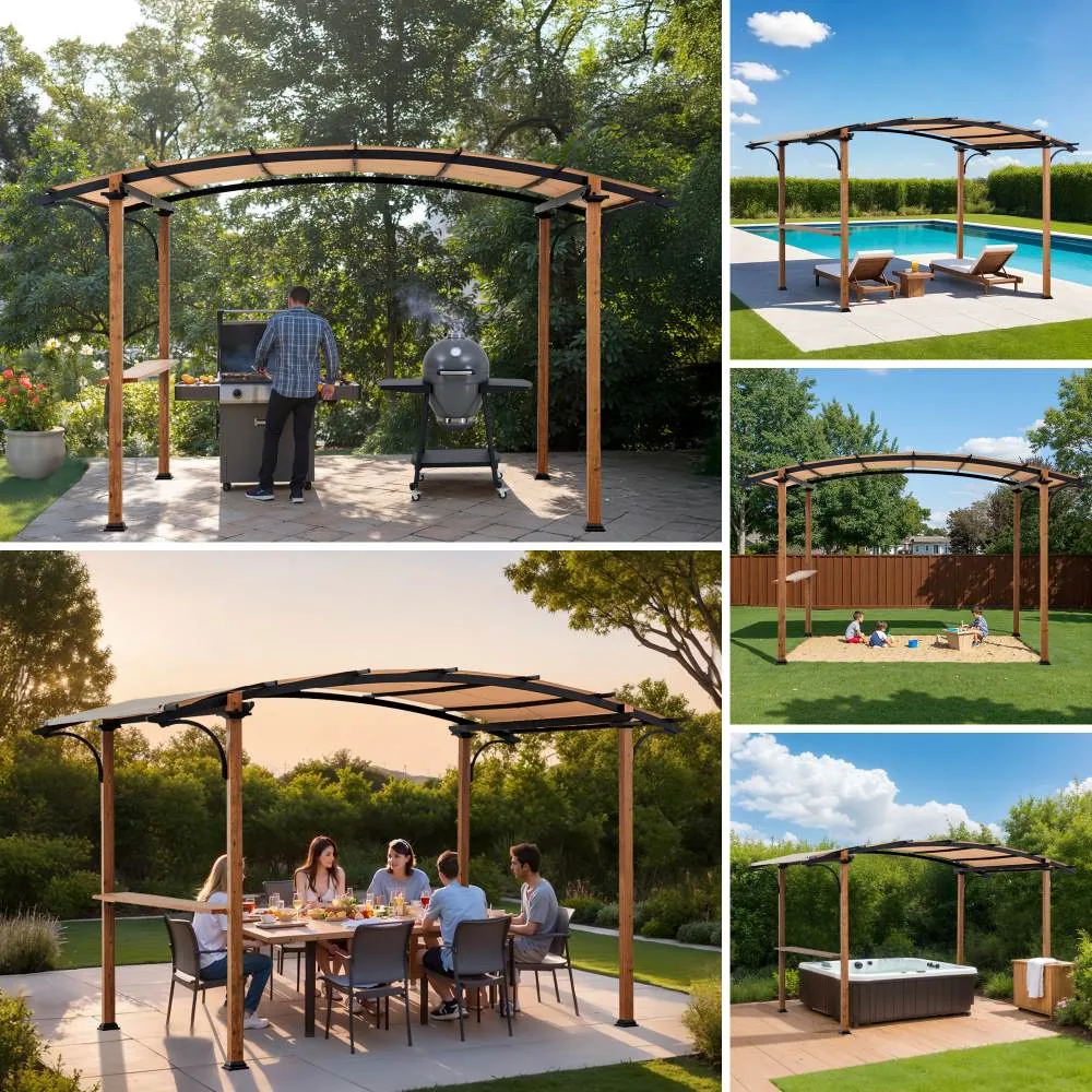 SUNJOY 9x13 Modern Arched Metal Pergola with Tan Heavy-duty Textilene Fabric Canopy and Bar Shelf — view 9