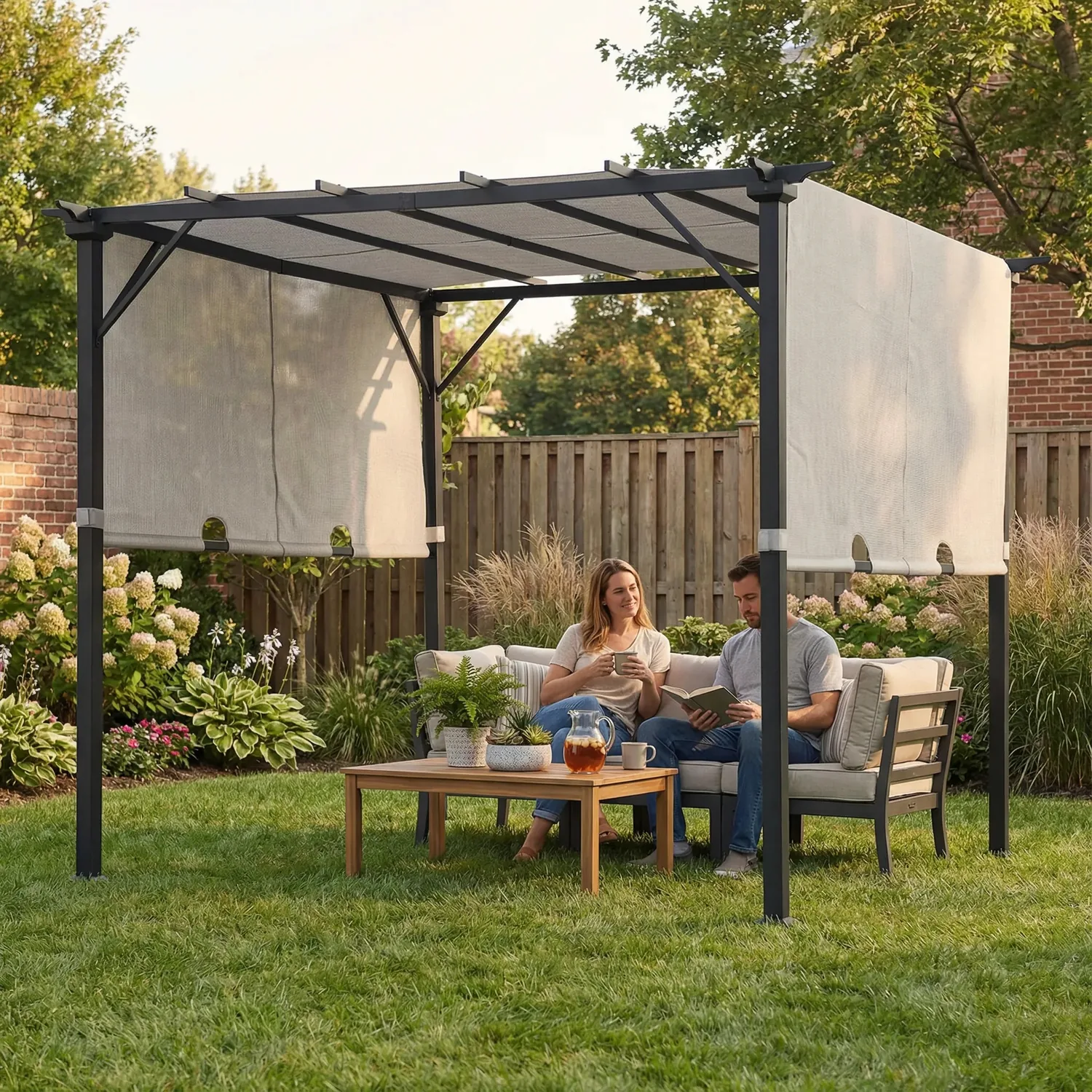 SUNJOY 9x9 Matte Black Steel Frame Pergola with Adjustable Canopy Roof - White — main image