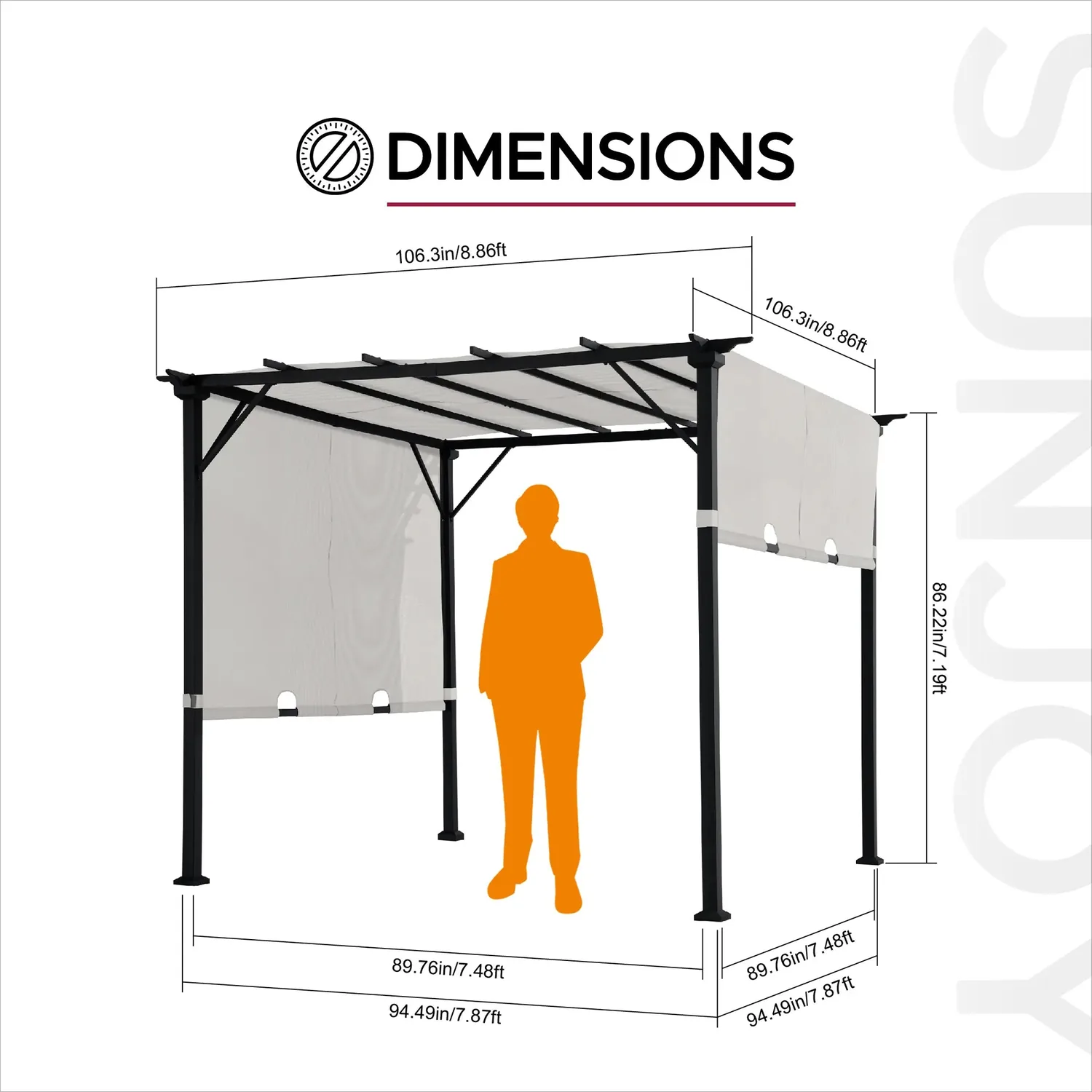 SUNJOY 9x9 Matte Black Steel Frame Pergola with Adjustable Canopy Roof - White — view 3