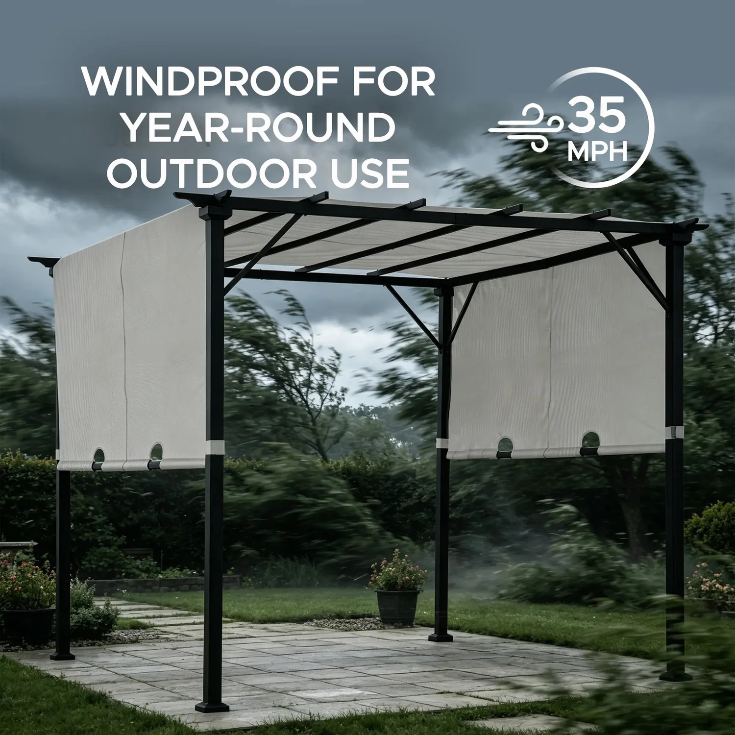 SUNJOY 9x9 Matte Black Steel Frame Pergola with Adjustable Canopy Roof - White — view 10