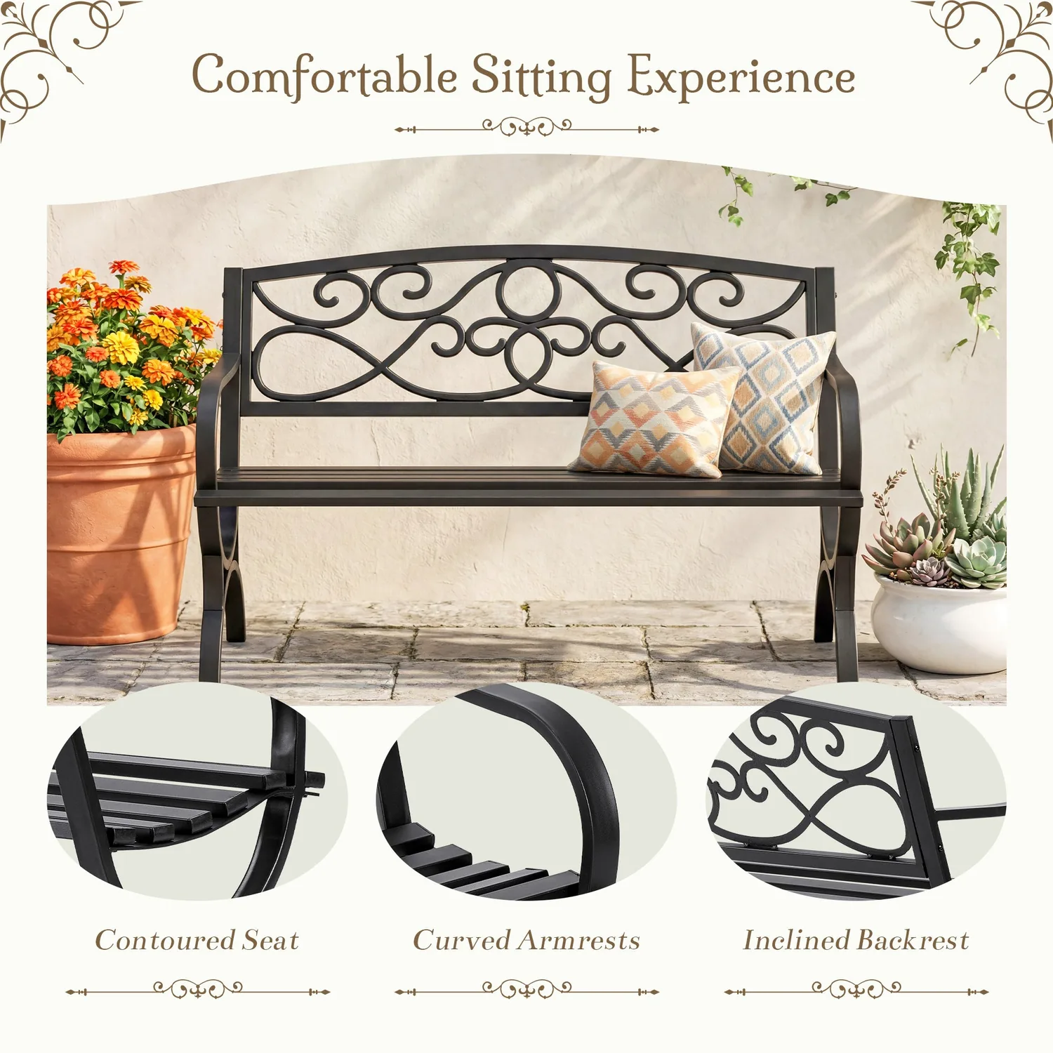 Sweetcrispy 50" Metal Patio Garden Bench for Lawn & Garden — view 2