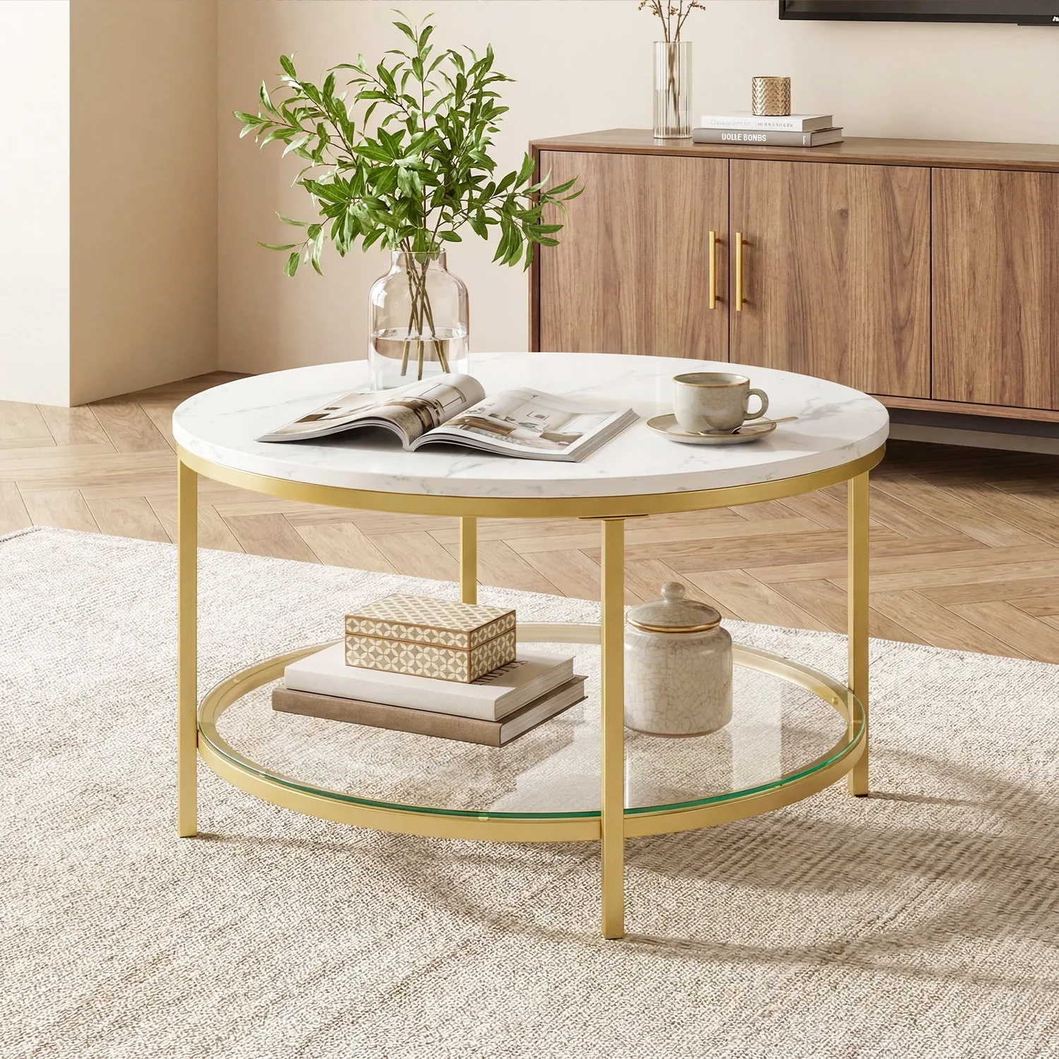 Sweetcrispy Round Coffee Table with Faux Marble Top & Glass Shelf for Living Room — main image