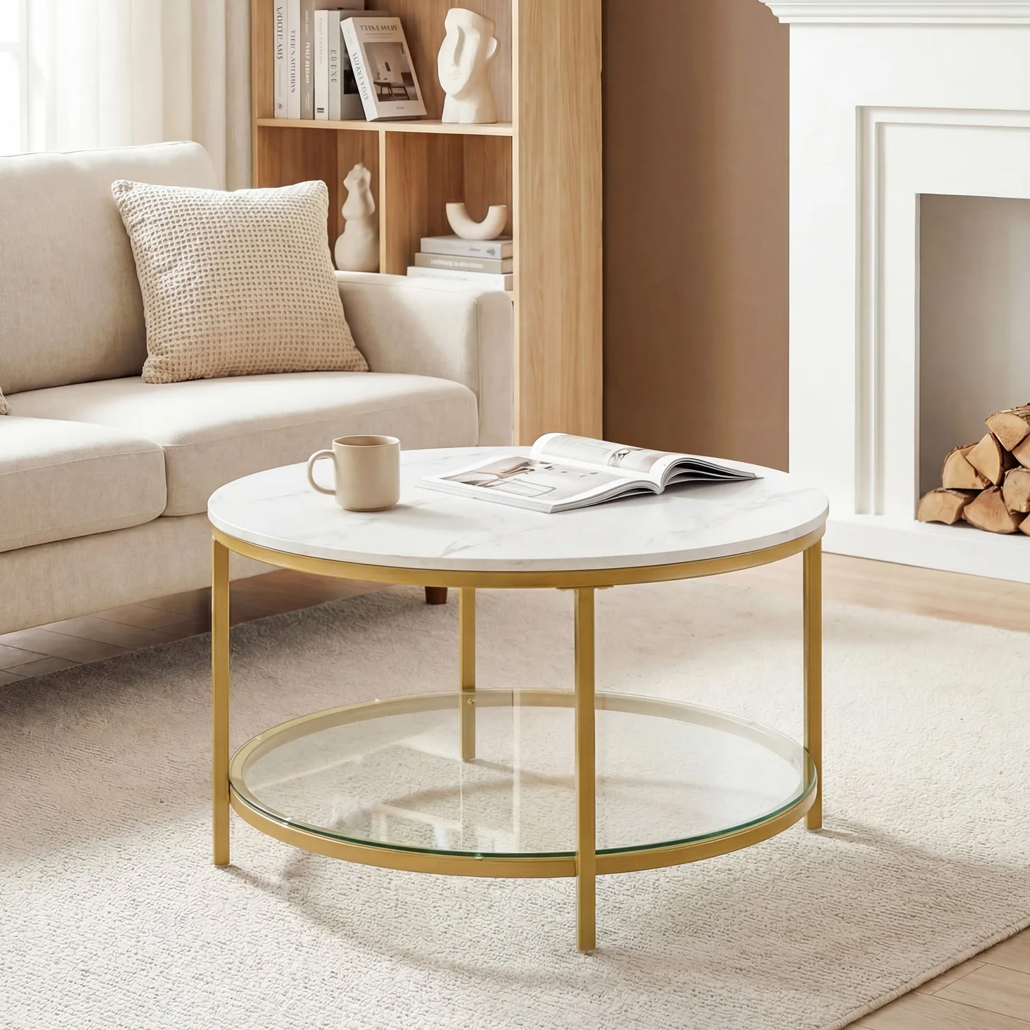 Sweetcrispy Round Coffee Table with Faux Marble Top & Glass Shelf for Living Room — view 2
