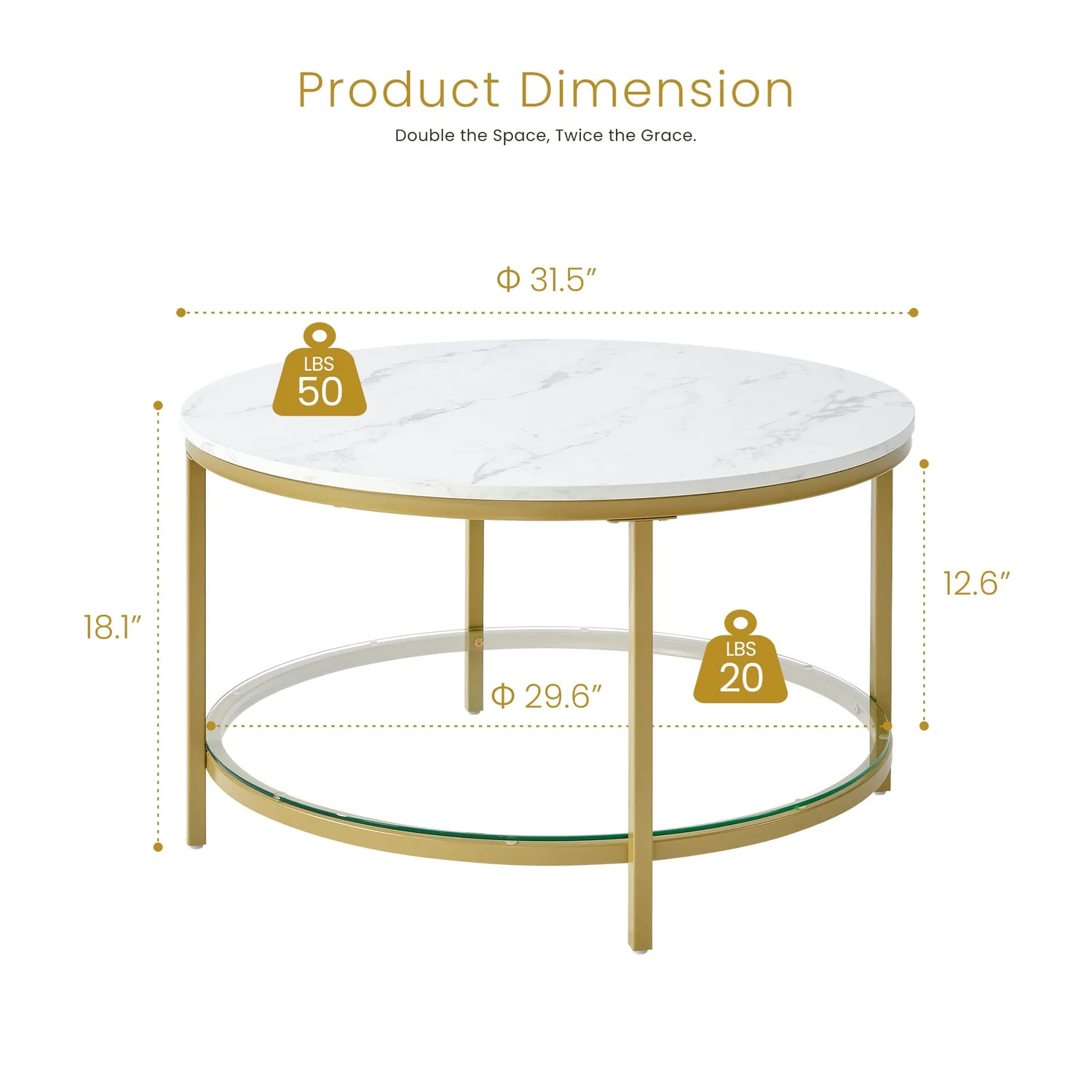 Sweetcrispy Round Coffee Table with Faux Marble Top & Glass Shelf for Living Room — view 5