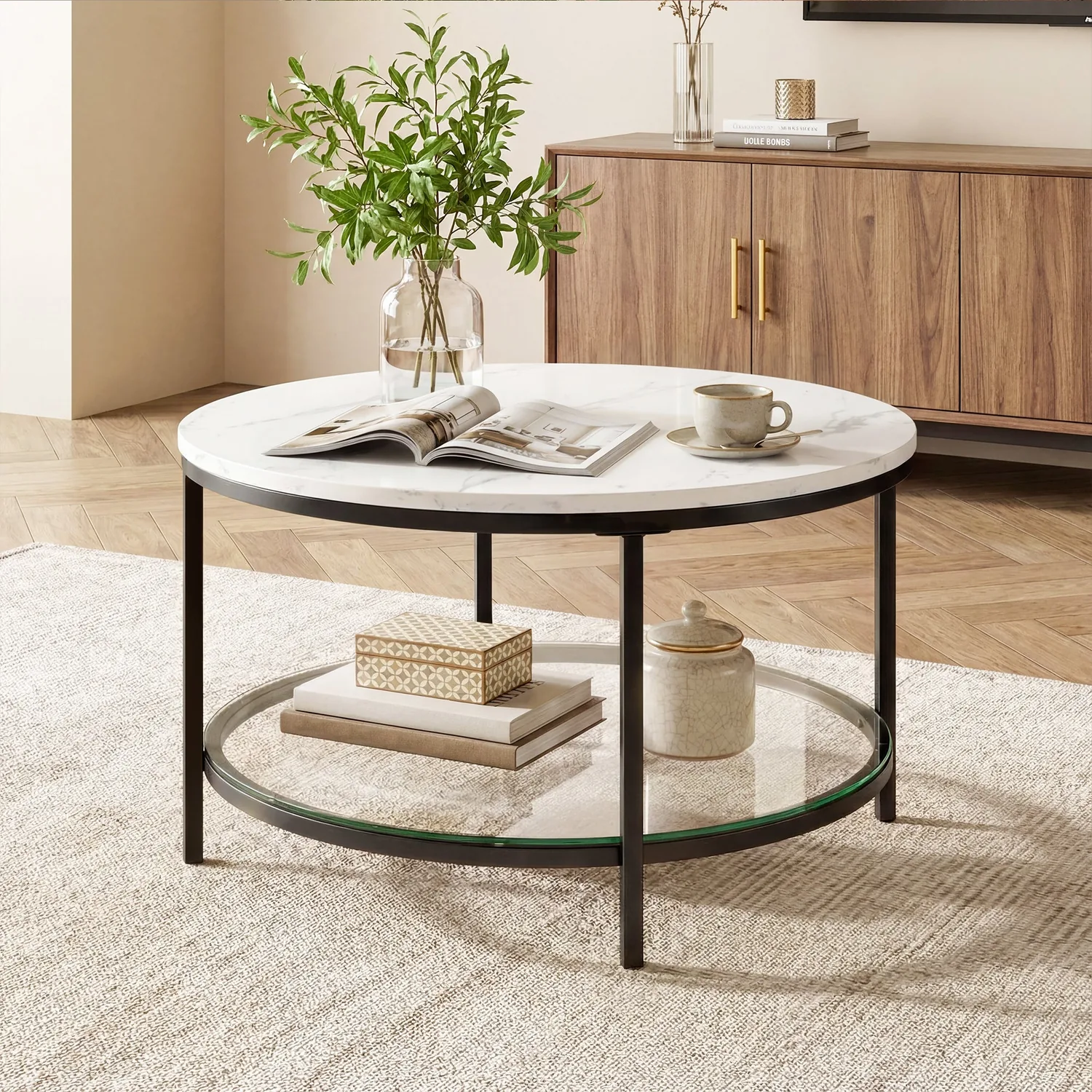 Sweetcrispy Round Coffee Table with Faux Marble Top & Glass Shelf for Living Room — view 6