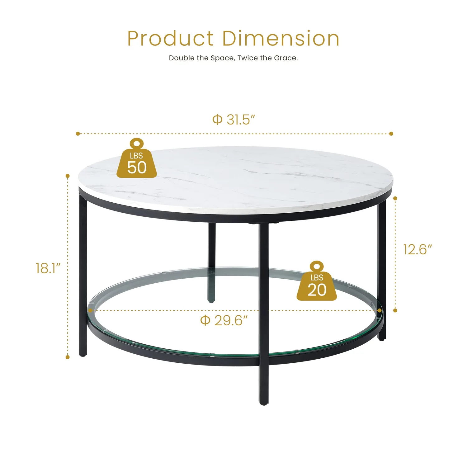 Sweetcrispy Round Coffee Table with Faux Marble Top & Glass Shelf for Living Room — view 7