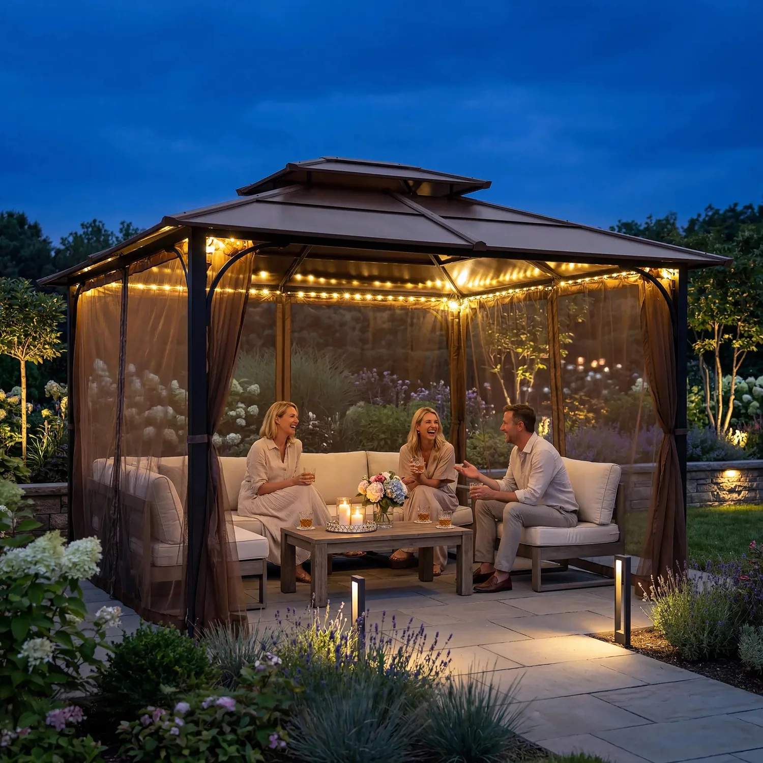 Transform Your Gazebo: Mosquito Netting with Warm LED Lights for 10x12 Hardtop — main image