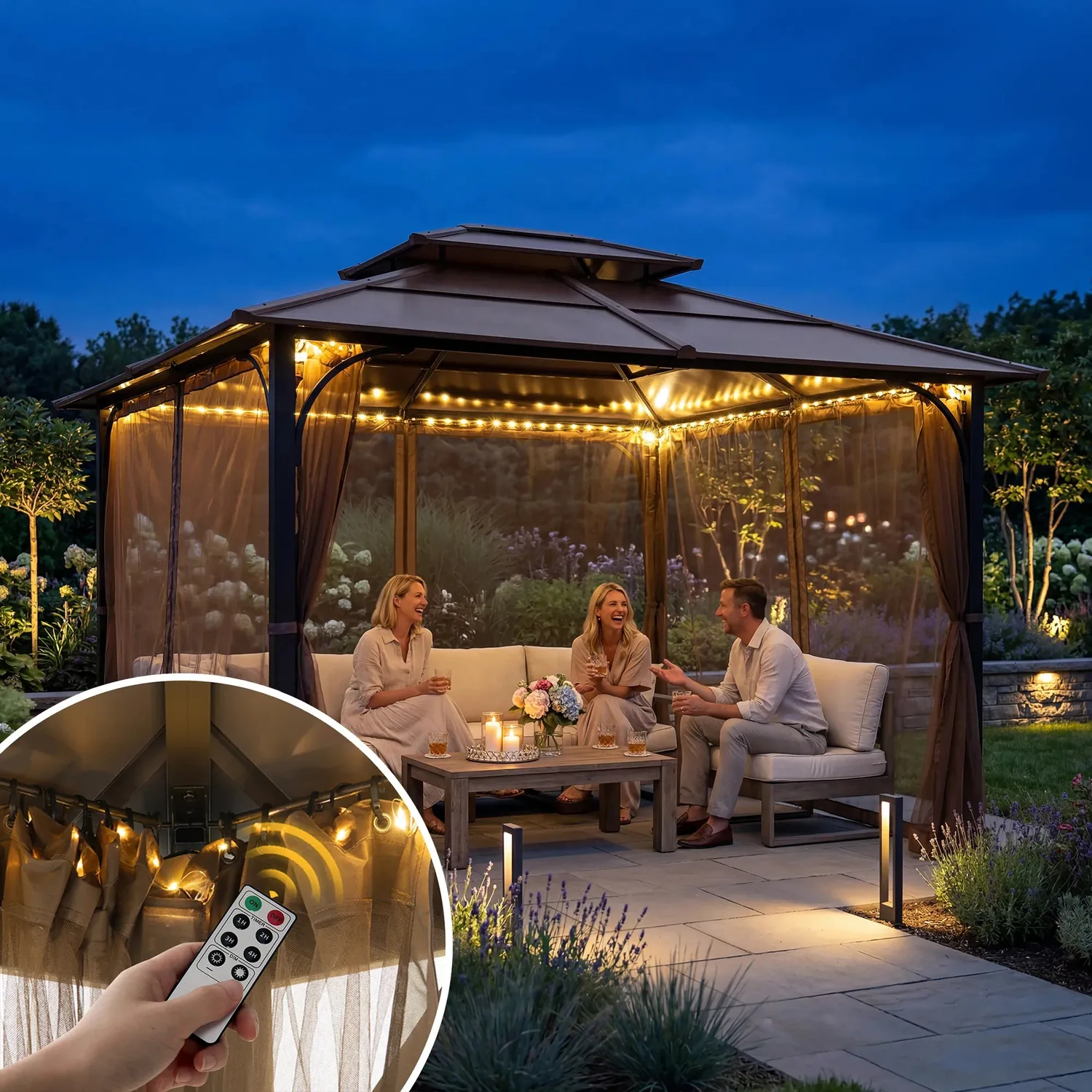 Transform Your Gazebo: Mosquito Netting with Warm LED Lights for 10x12 Hardtop — view 2