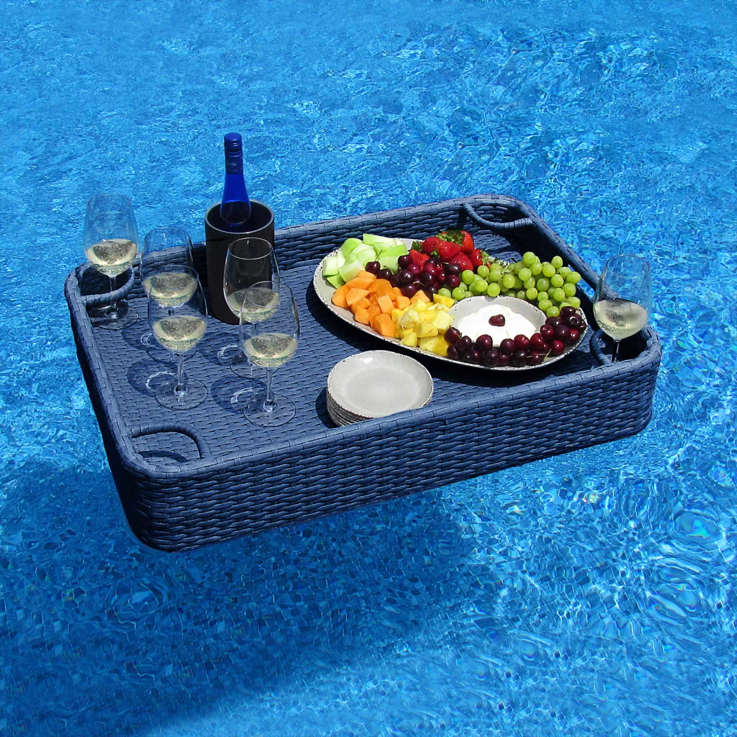 Wicker Floating Pool Tray 36x24" - Navy | Luxury Poolside Entertaining Essential — main image