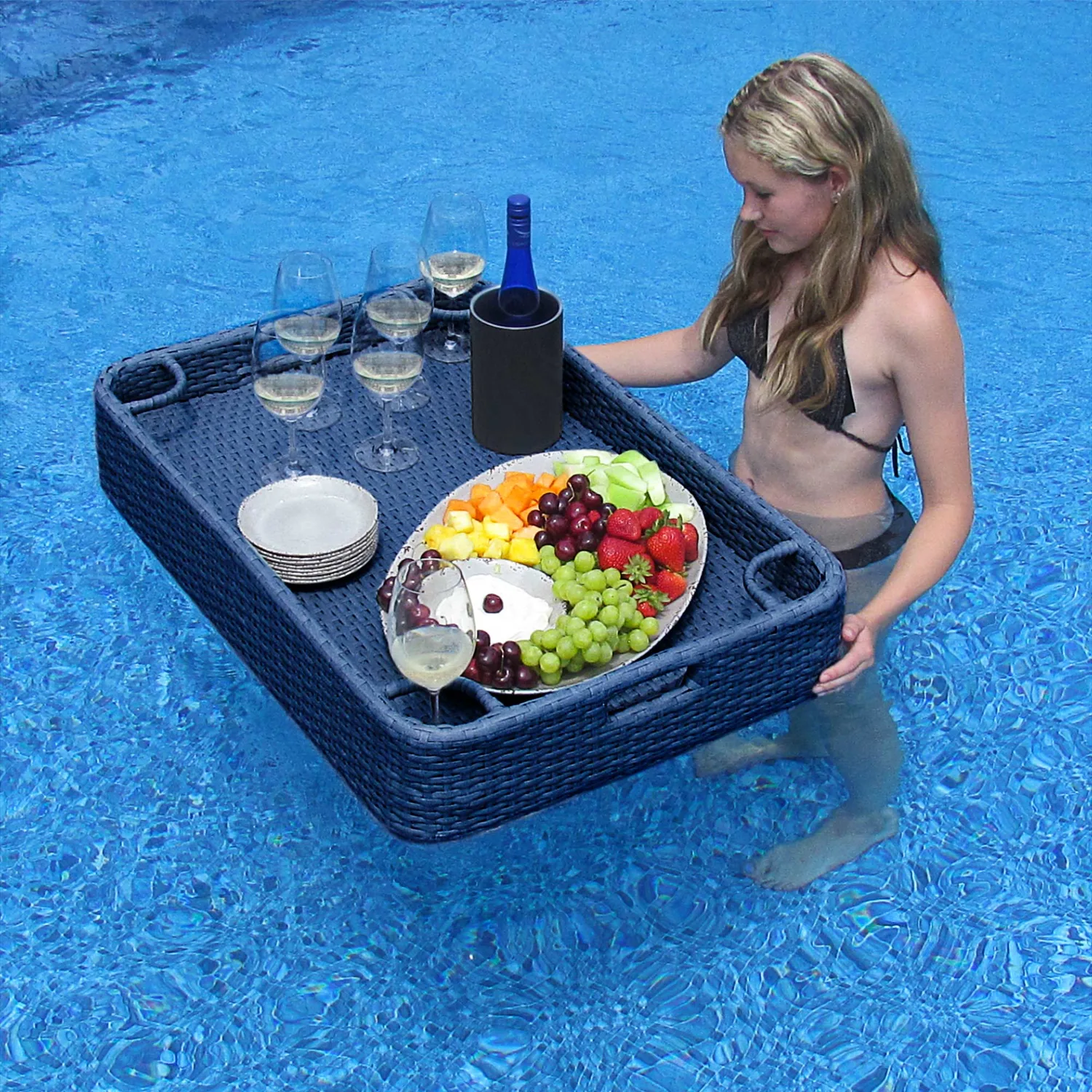 Wicker Floating Pool Tray 36x24" - Navy | Luxury Poolside Entertaining Essential — view 4