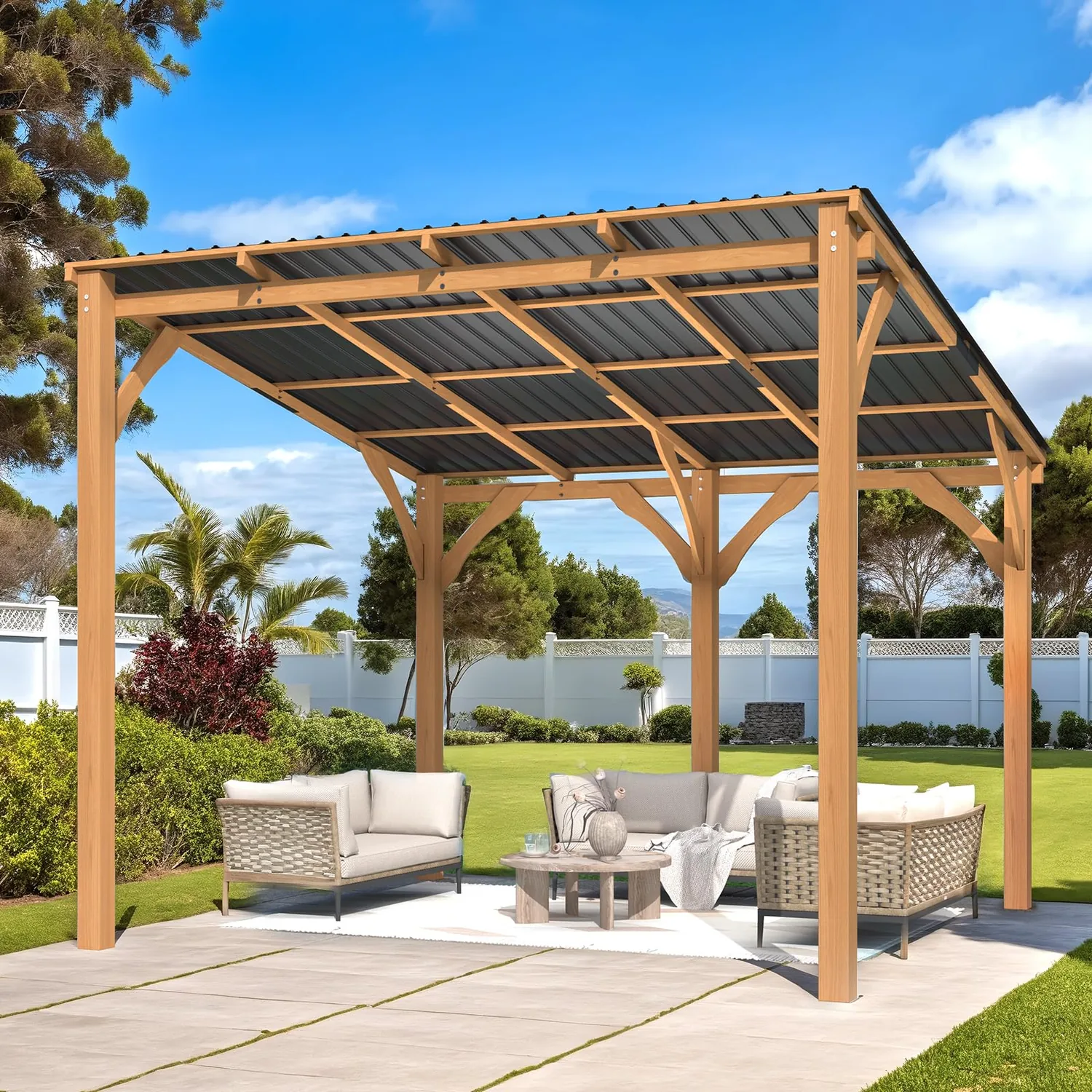 YODOLLA 10'x10' Outdoor Wood Cedar Gazebo Lean-to Pergola — view 2