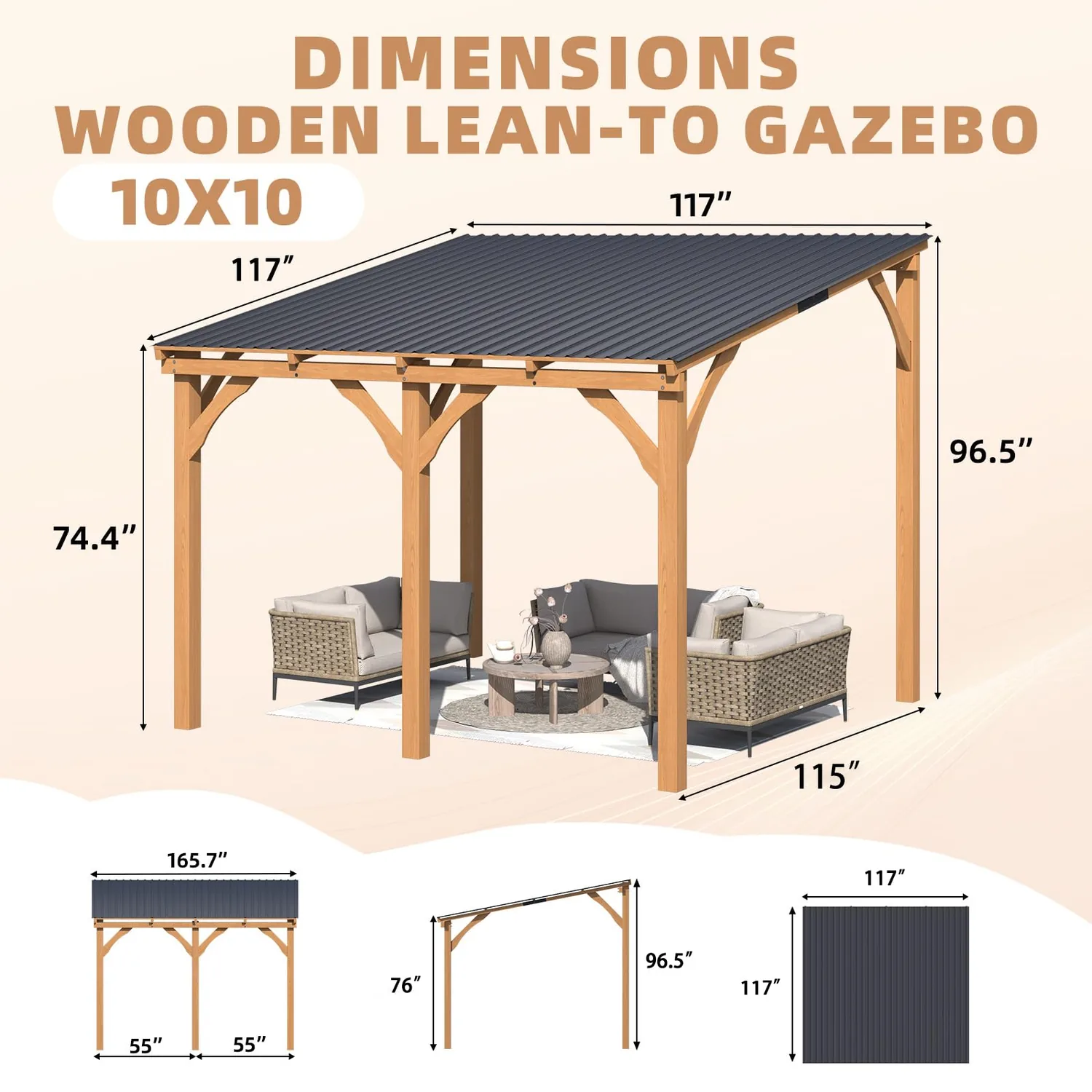 YODOLLA 10'x10' Outdoor Wood Cedar Gazebo Lean-to Pergola — view 3