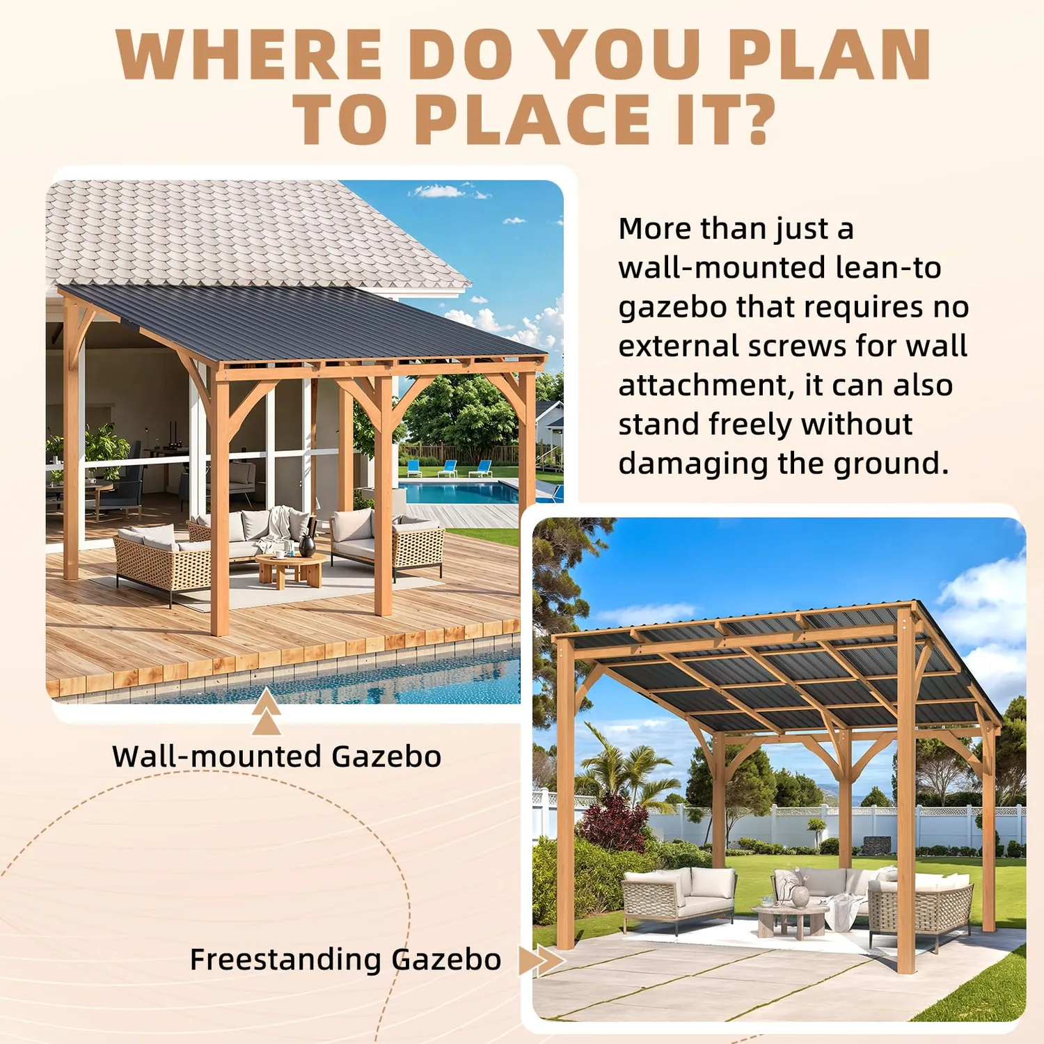 YODOLLA 10'x10' Outdoor Wood Cedar Gazebo Lean-to Pergola — view 6