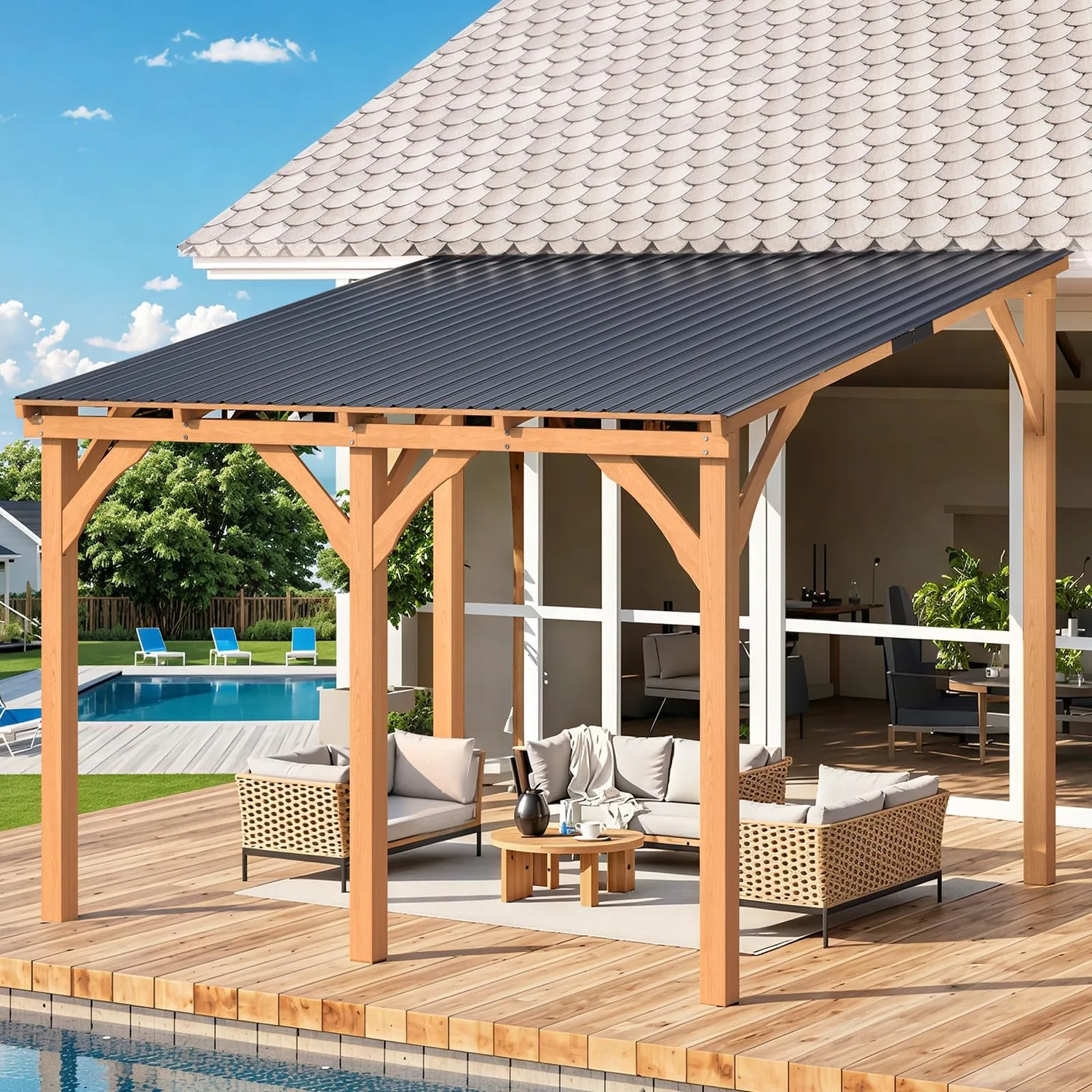 YODOLLA 10'x10' Outdoor Wood Cedar Gazebo Lean-to Pergola — view 8