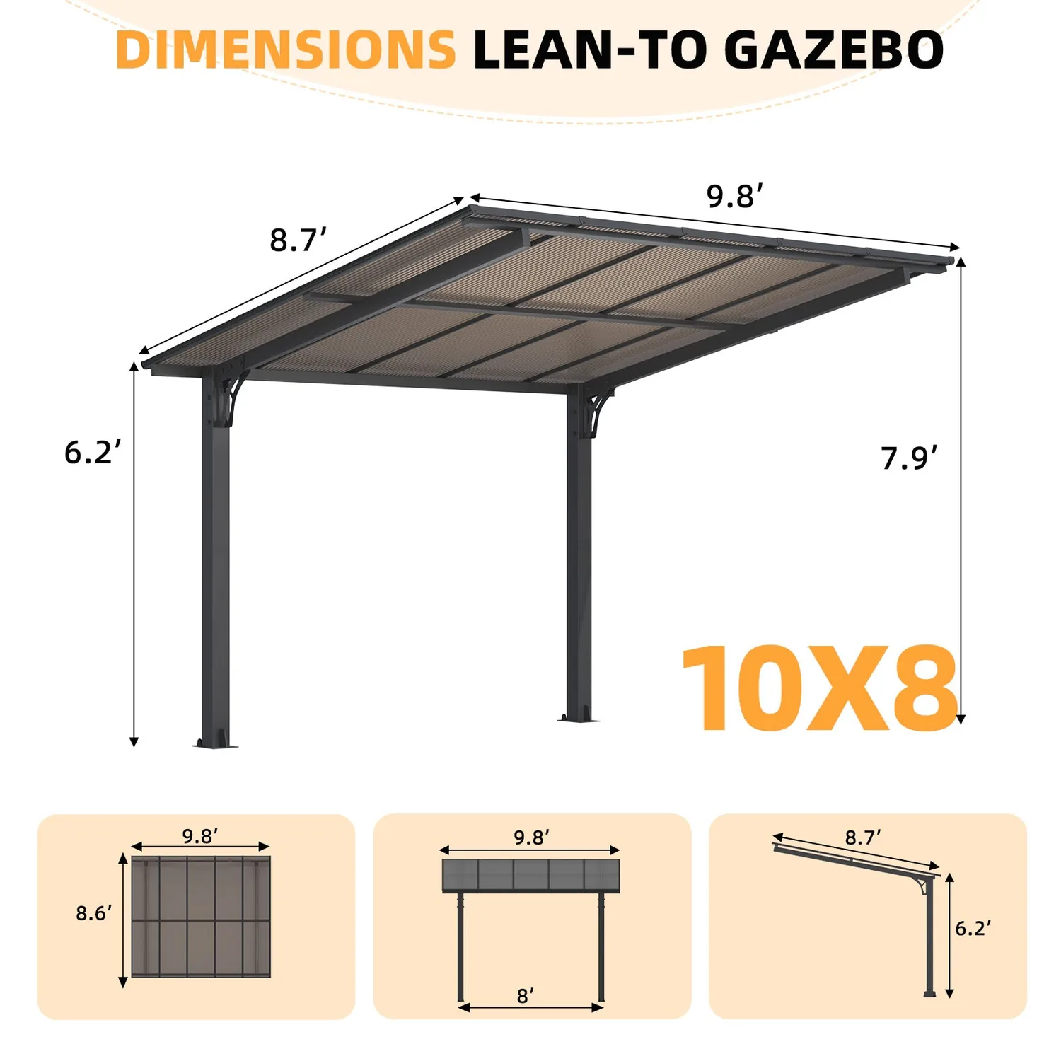 YODOLLA 10'x8' Freestanding Lean-to Hardtop Grill Gazebo — view 3