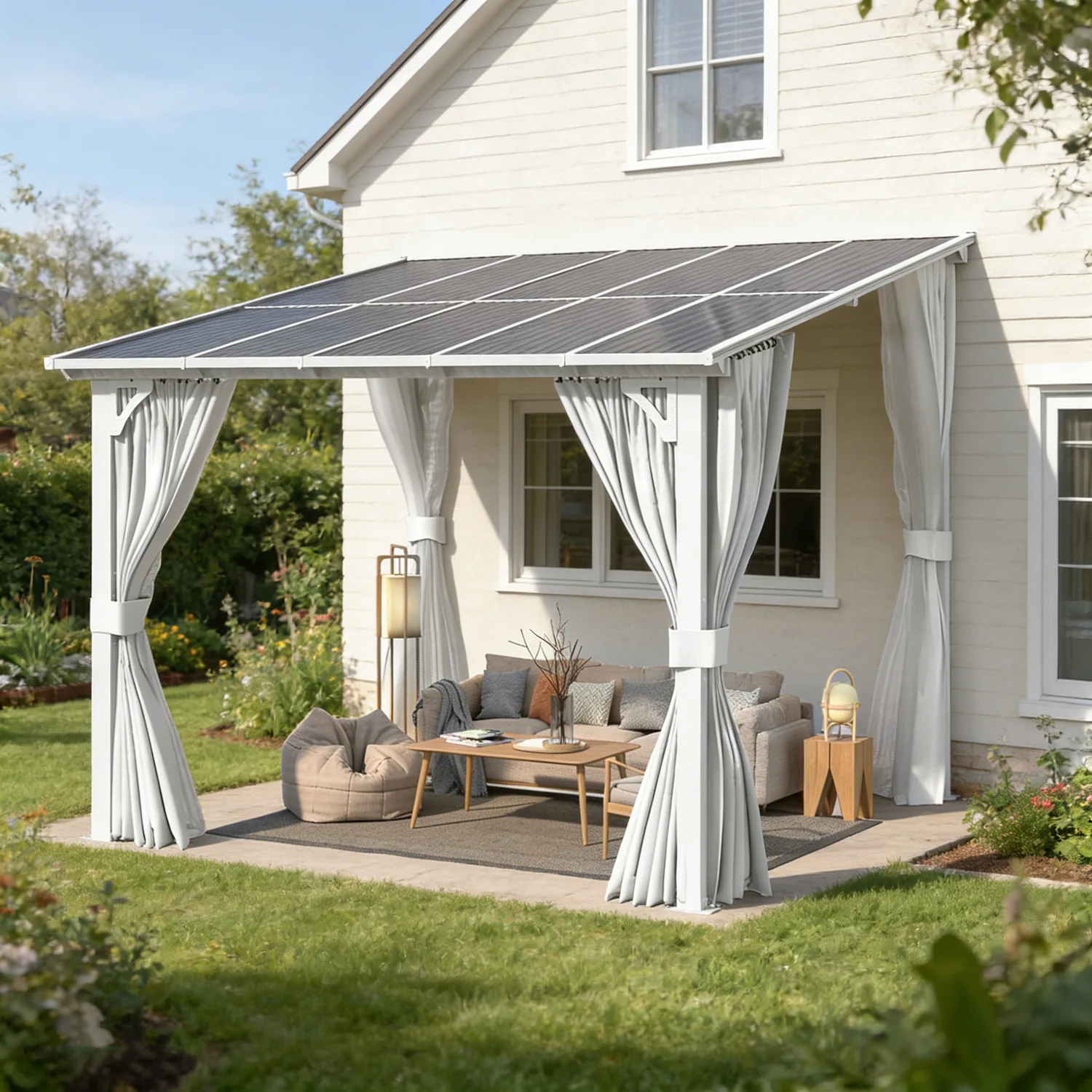 YODOLLA 10'x10' Lean-to Gazebo Pergola with Curtains, White — main image