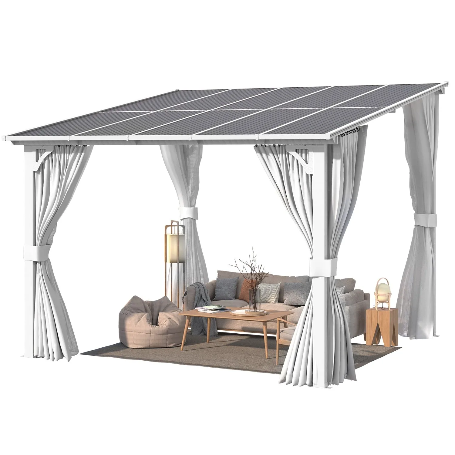 YODOLLA 10'x10' Lean-to Gazebo Pergola with Curtains, White — view 2