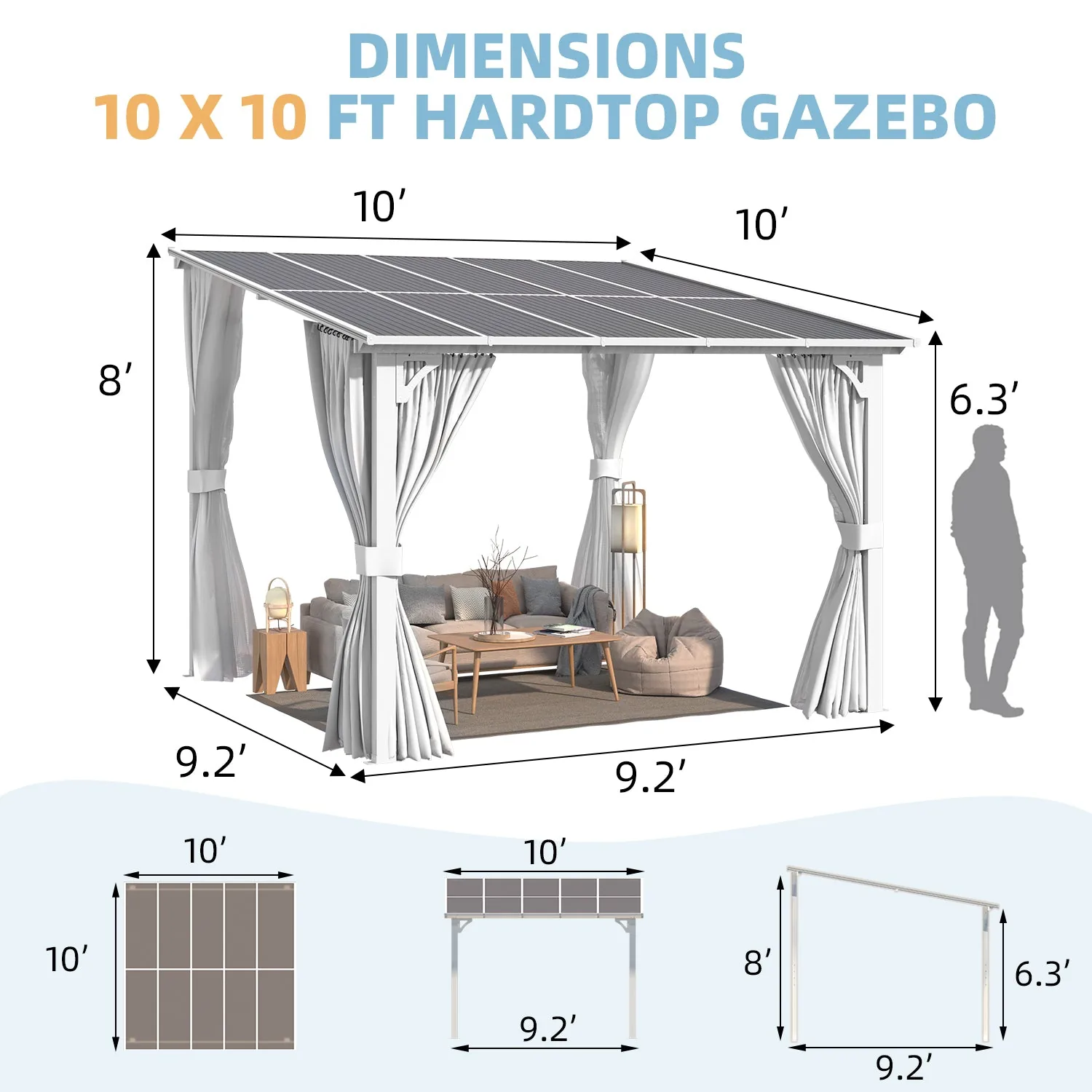 YODOLLA 10'x10' Lean-to Gazebo Pergola with Curtains, White — view 3