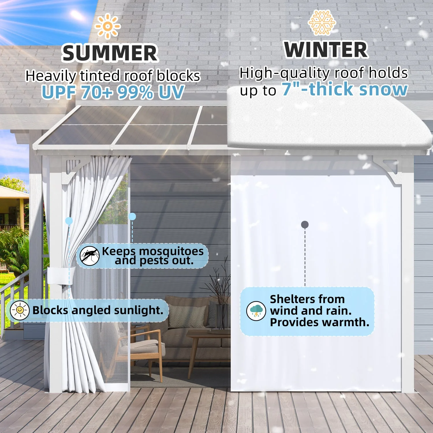 YODOLLA 10'x10' Lean-to Gazebo Pergola with Curtains, White — view 4