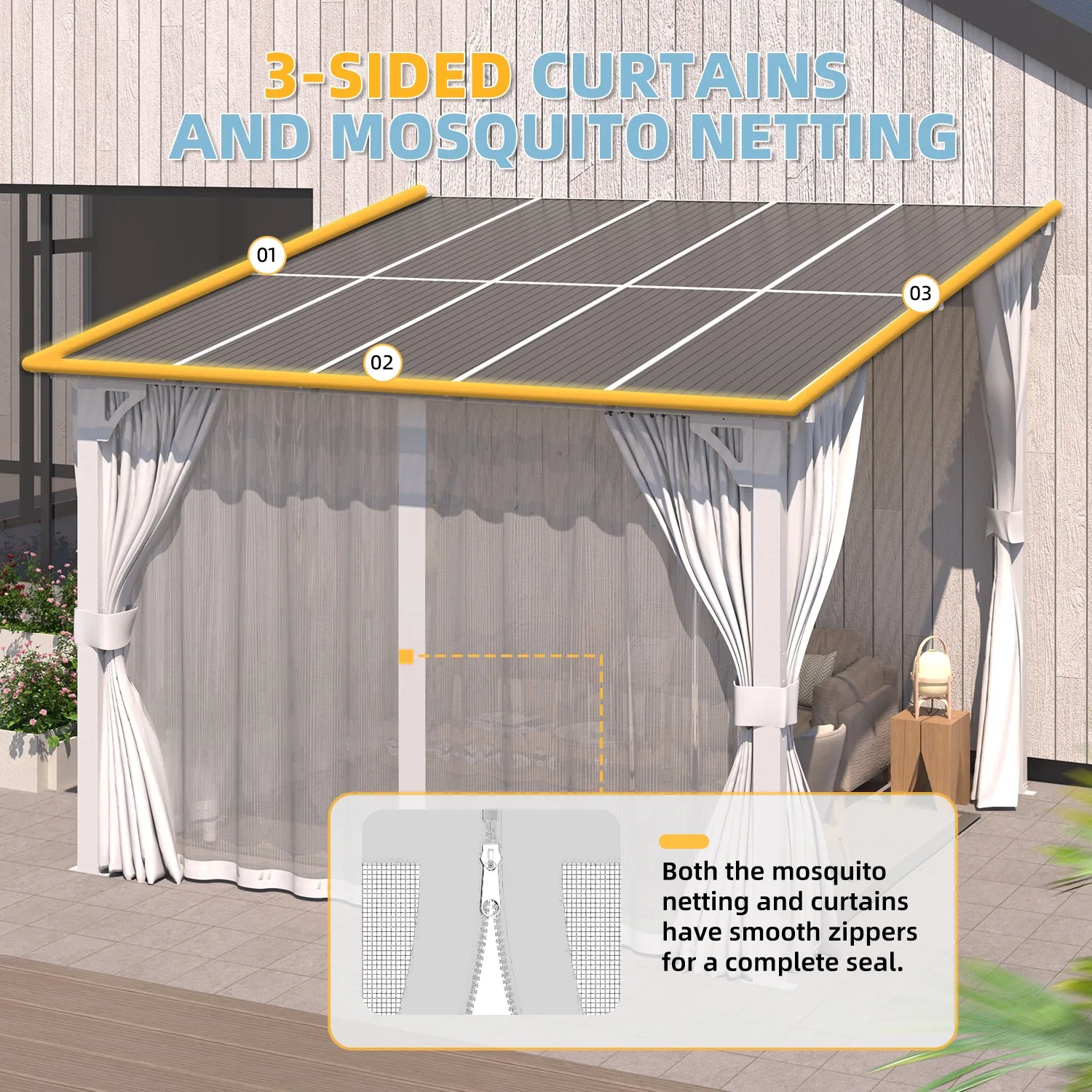 YODOLLA 10'x10' Lean-to Gazebo Pergola with Curtains, White — view 6