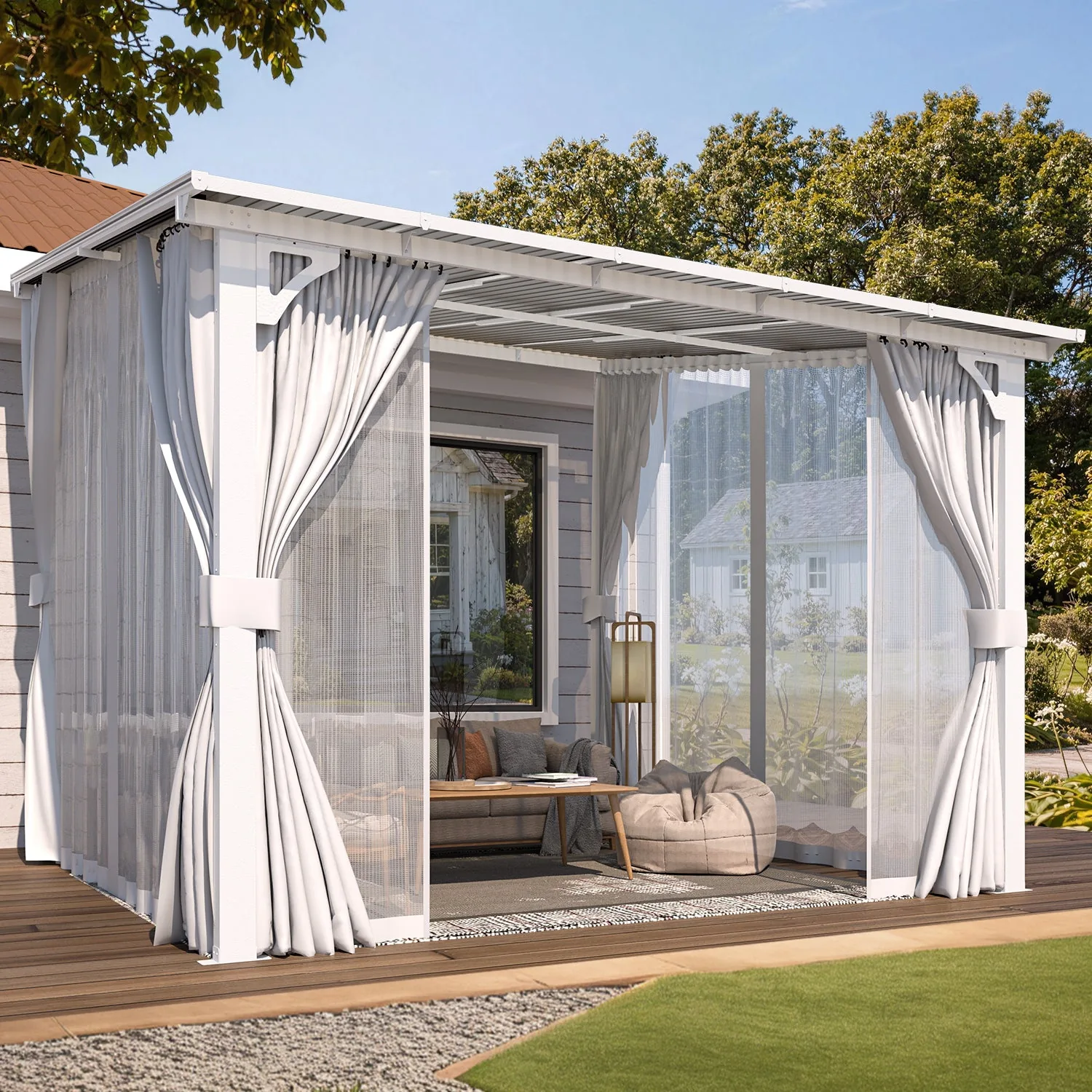 YODOLLA 10'x10' Lean-to Gazebo Pergola with Curtains, White — view 7