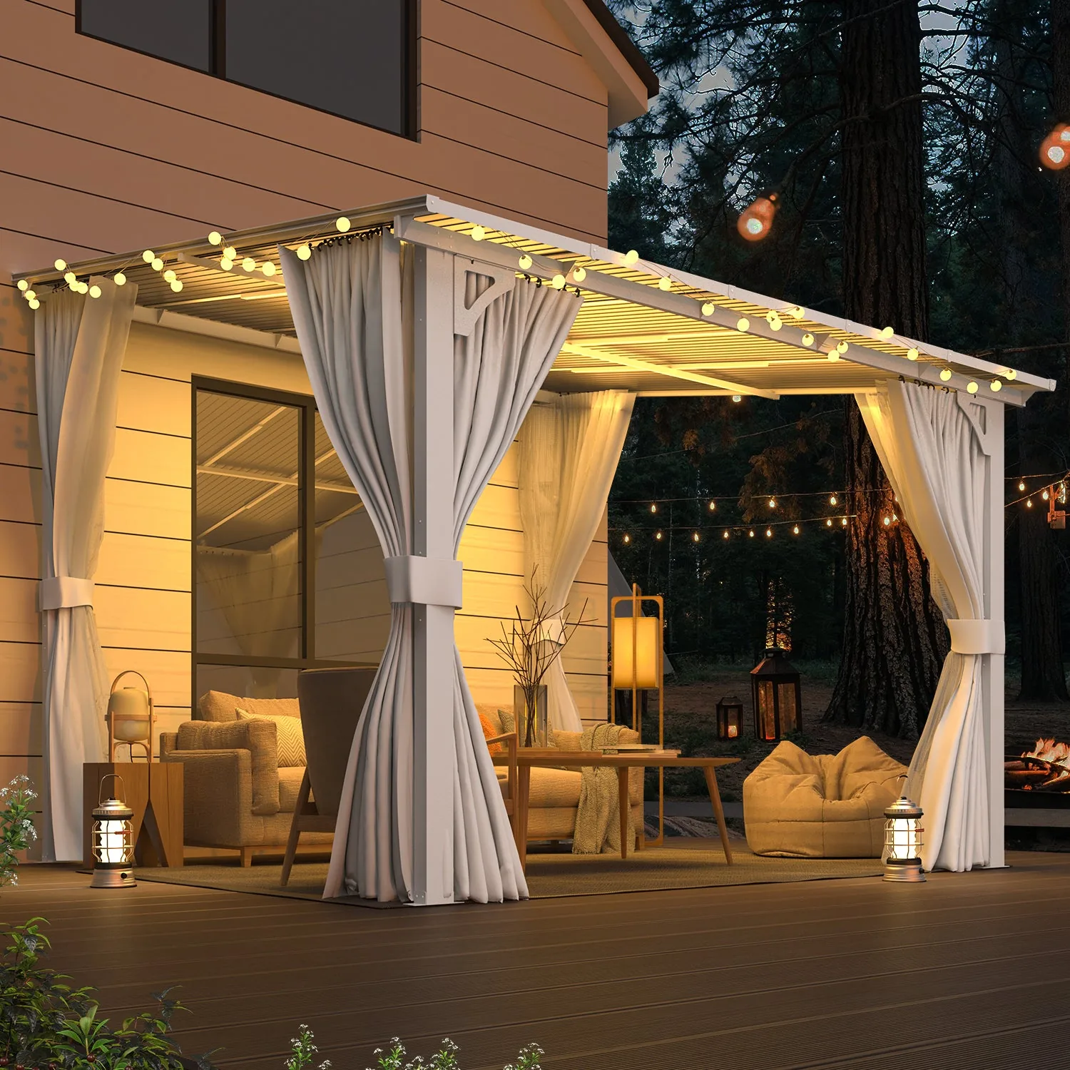 YODOLLA 10'x10' Lean-to Gazebo Pergola with Curtains, White — view 8
