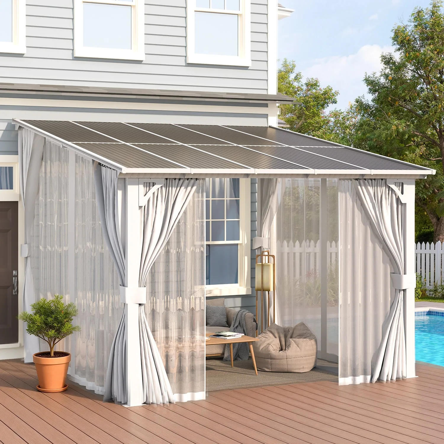 YODOLLA 10'x10' Lean-to Gazebo Pergola with Curtains, White — view 9