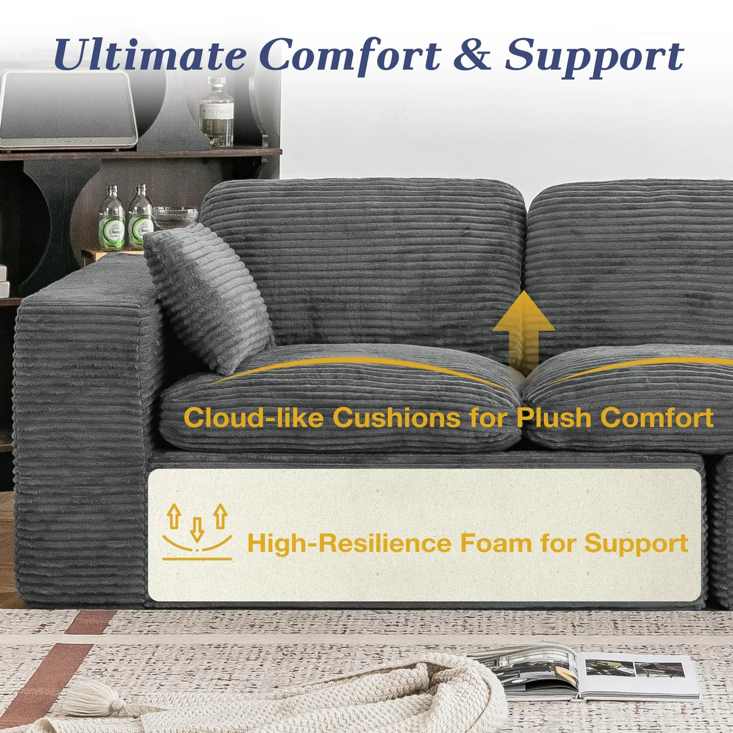 YODOLLA 110" Oversized Black Cloud Sofa | Boneless Couch Modern Living Room Furniture — view 5