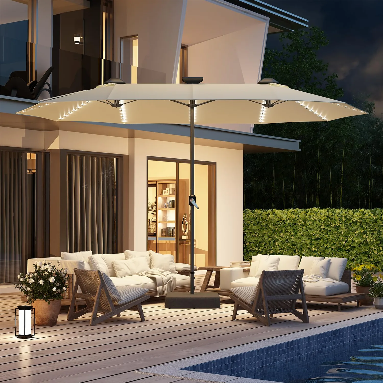 YODOLLA 15ft Double-Sided Patio Umbrella Outdoor Rectangle Umbrella with Base, Tan — view 3