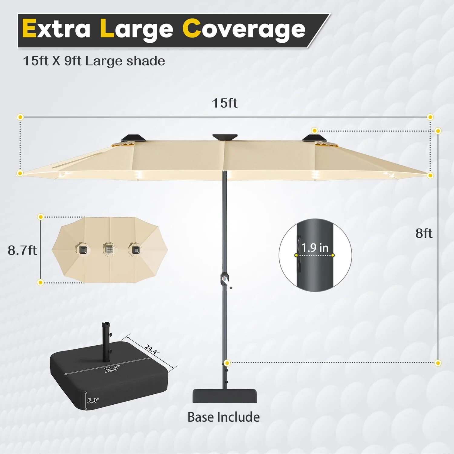 YODOLLA 15ft Double-Sided Patio Umbrella Outdoor Rectangle Umbrella with Base, Tan — view 4