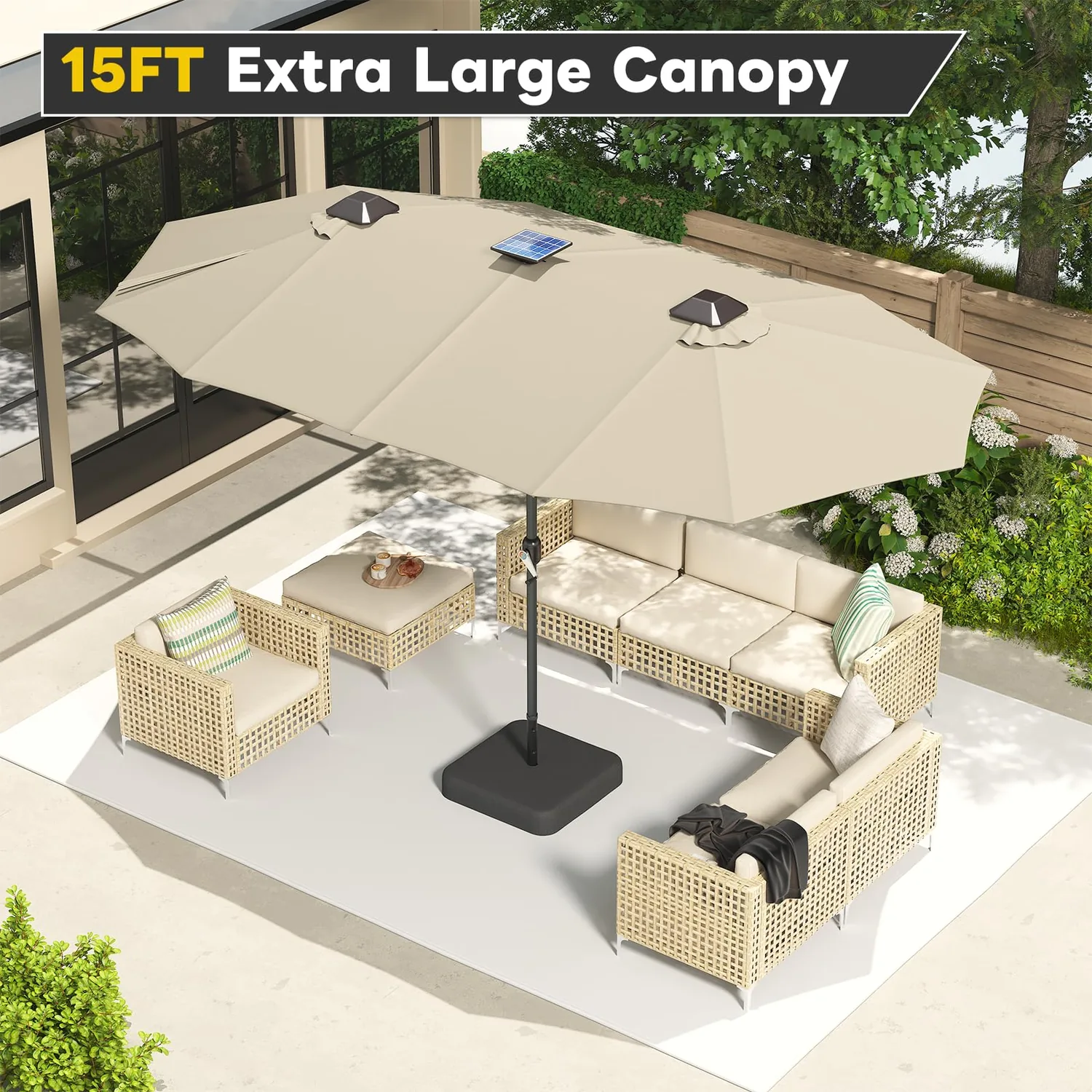 YODOLLA 15ft Double-Sided Patio Umbrella Outdoor Rectangle Umbrella with Base, Tan — view 5