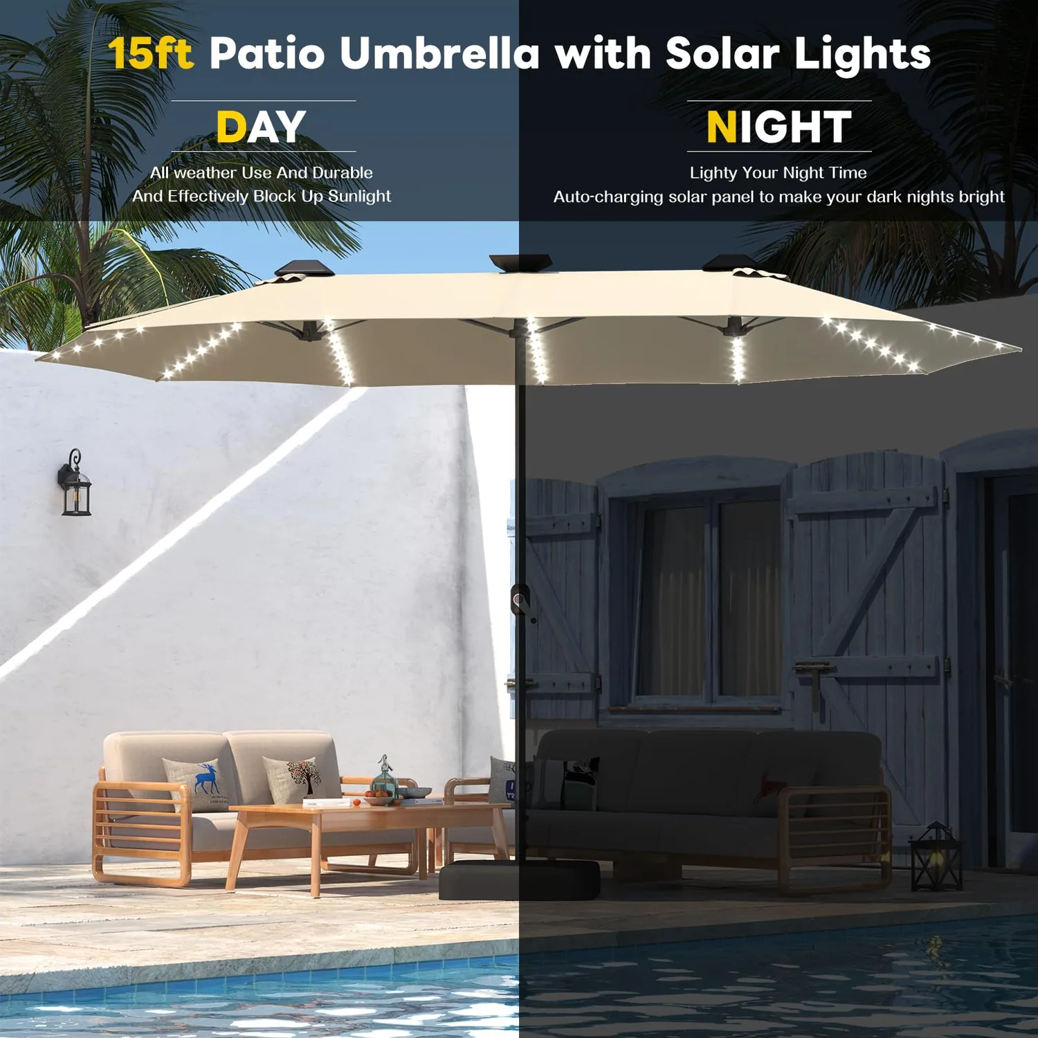 YODOLLA 15ft Double-Sided Patio Umbrella Outdoor Rectangle Umbrella with Base, Tan — view 6