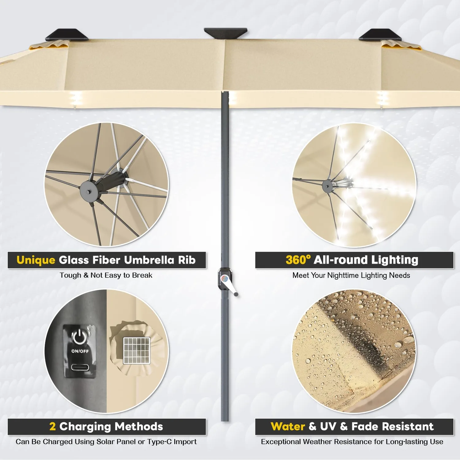 YODOLLA 15ft Double-Sided Patio Umbrella Outdoor Rectangle Umbrella with Base, Tan — view 7