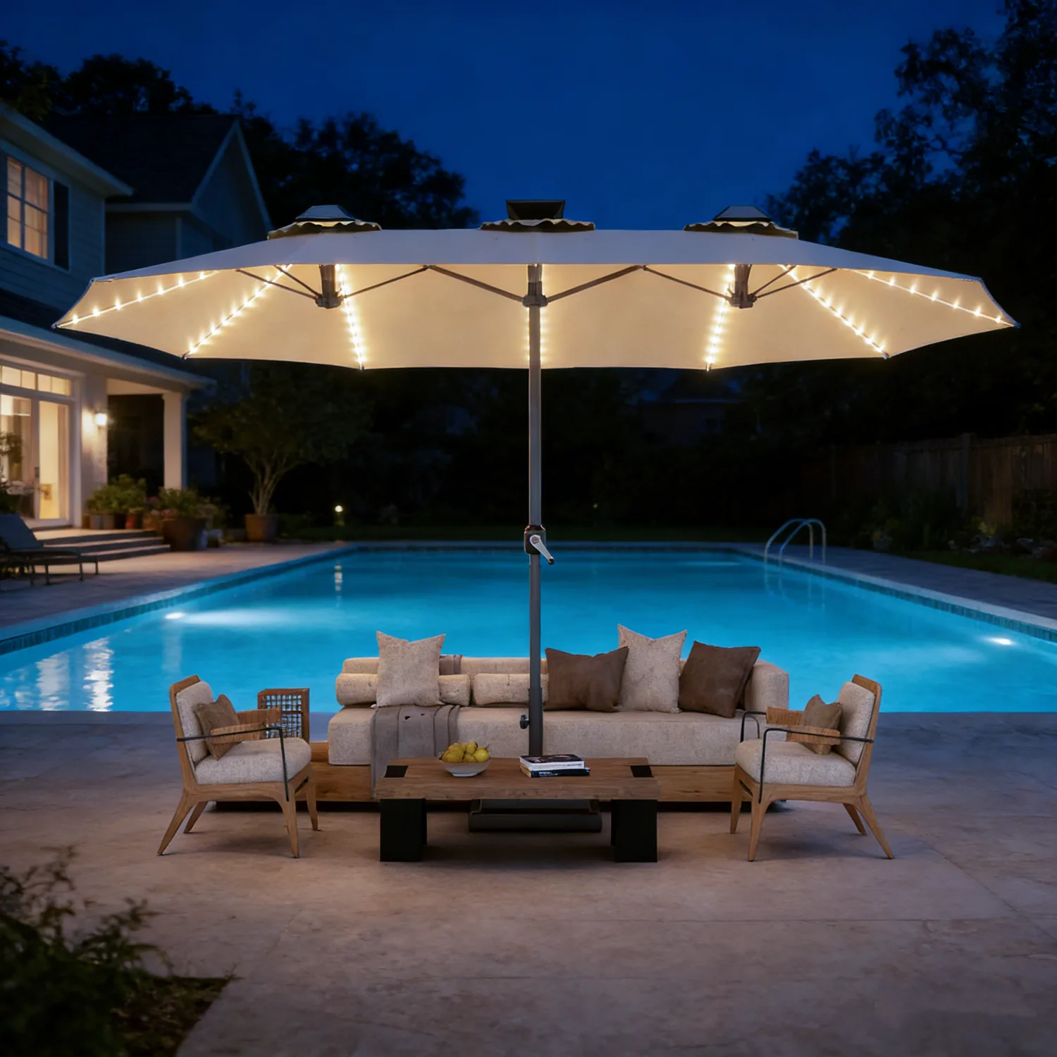 YODOLLA 15ft Solar Patio Umbrella, Beige