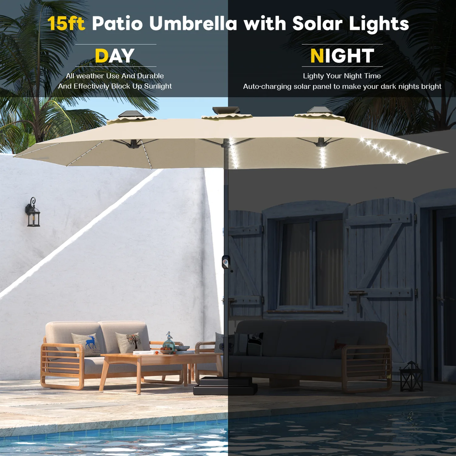 YODOLLA 15ft Solar Patio Umbrella, Beige — view 7