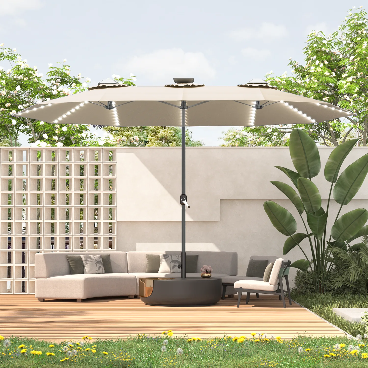 YODOLLA 15ft Solar Patio Umbrella, Beige — view 9