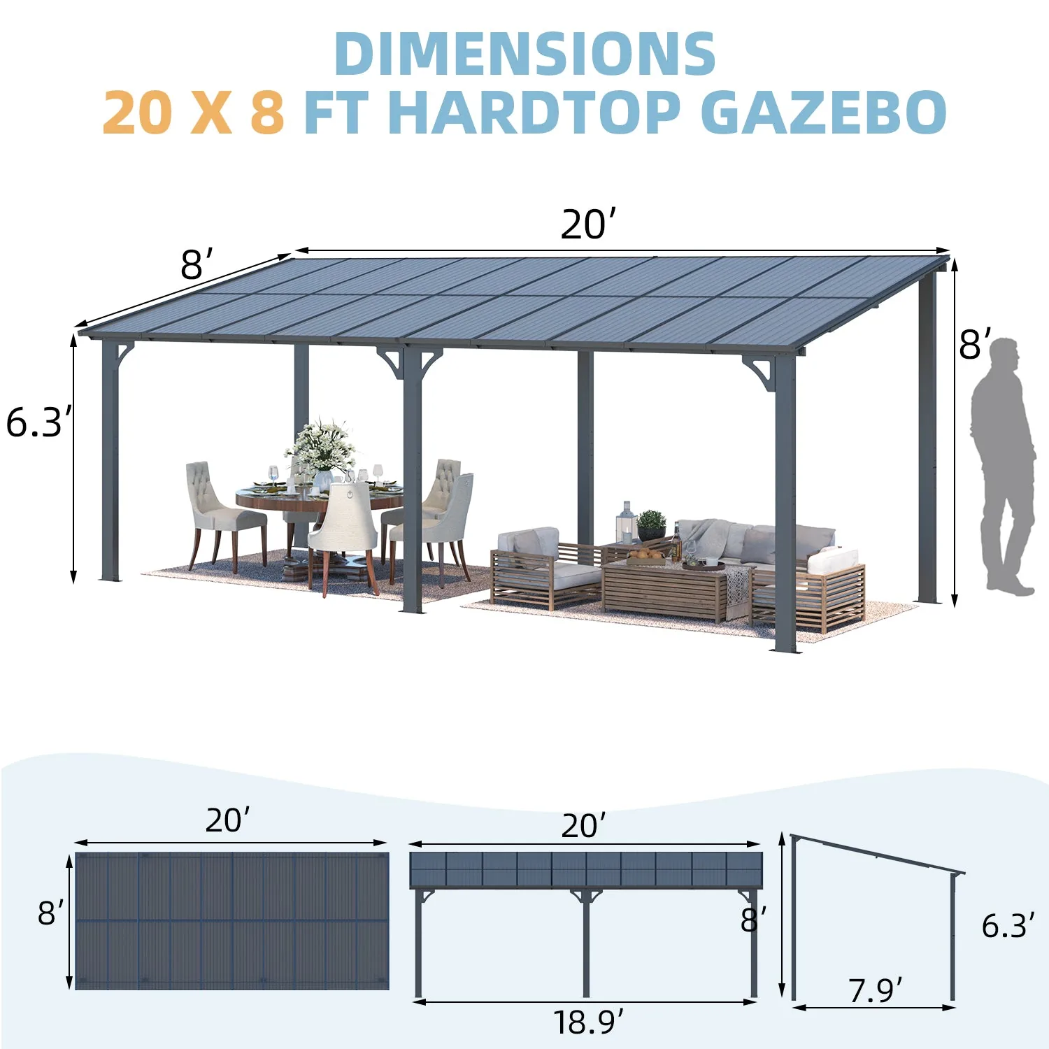 YODOLLA 20' x 8' Gazebo Outdoor Pergola, Dark Grey — view 3