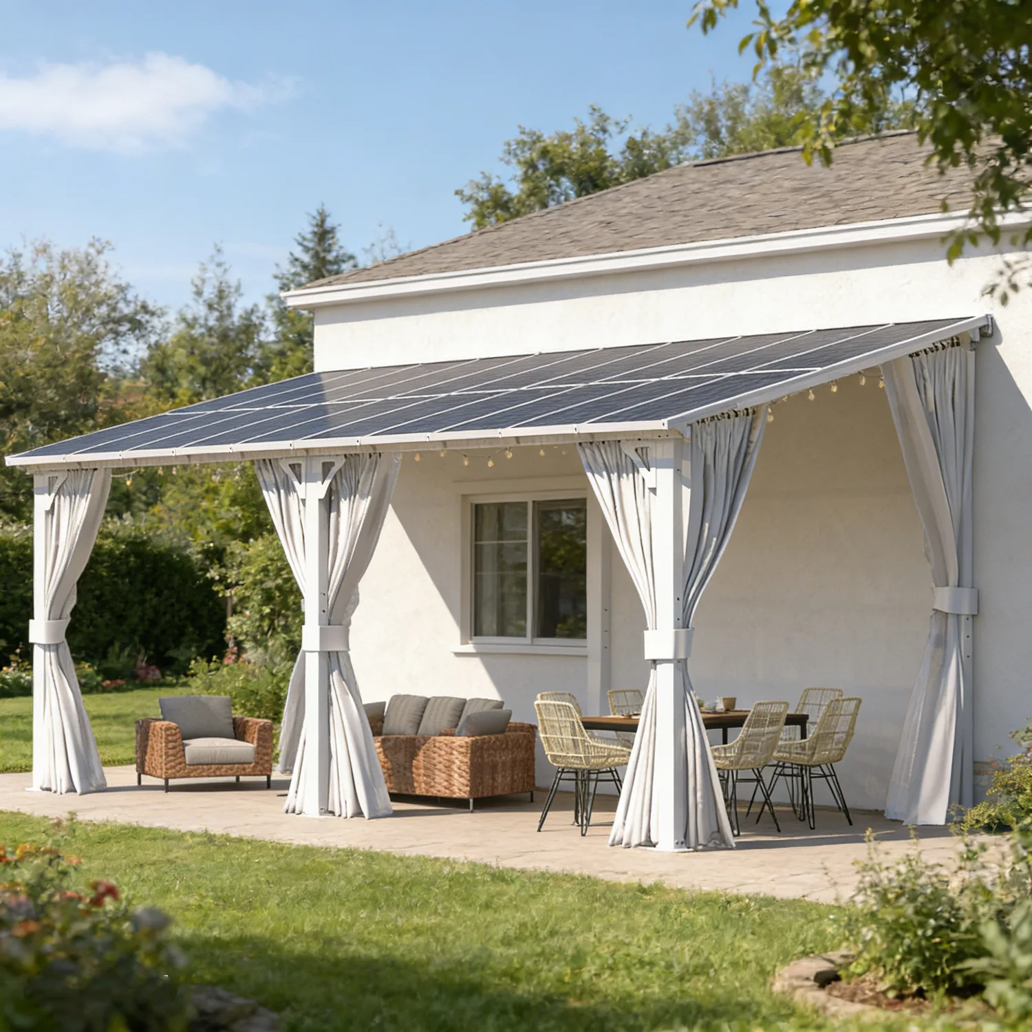 YODOLLA 20' x 8' Outdoor Lean to Gazebo Pergola with Curtain and Netting for Patio, White — main image
