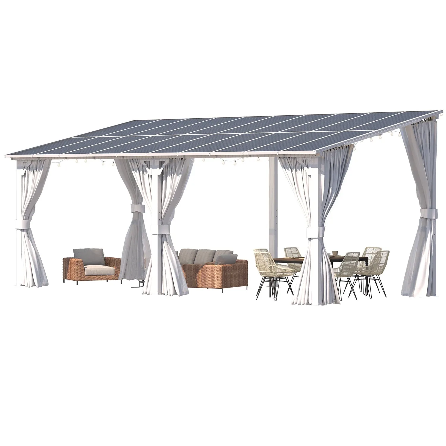 YODOLLA 20' x 8' Outdoor Lean to Gazebo Pergola with Curtain and Netting for Patio, White — view 2