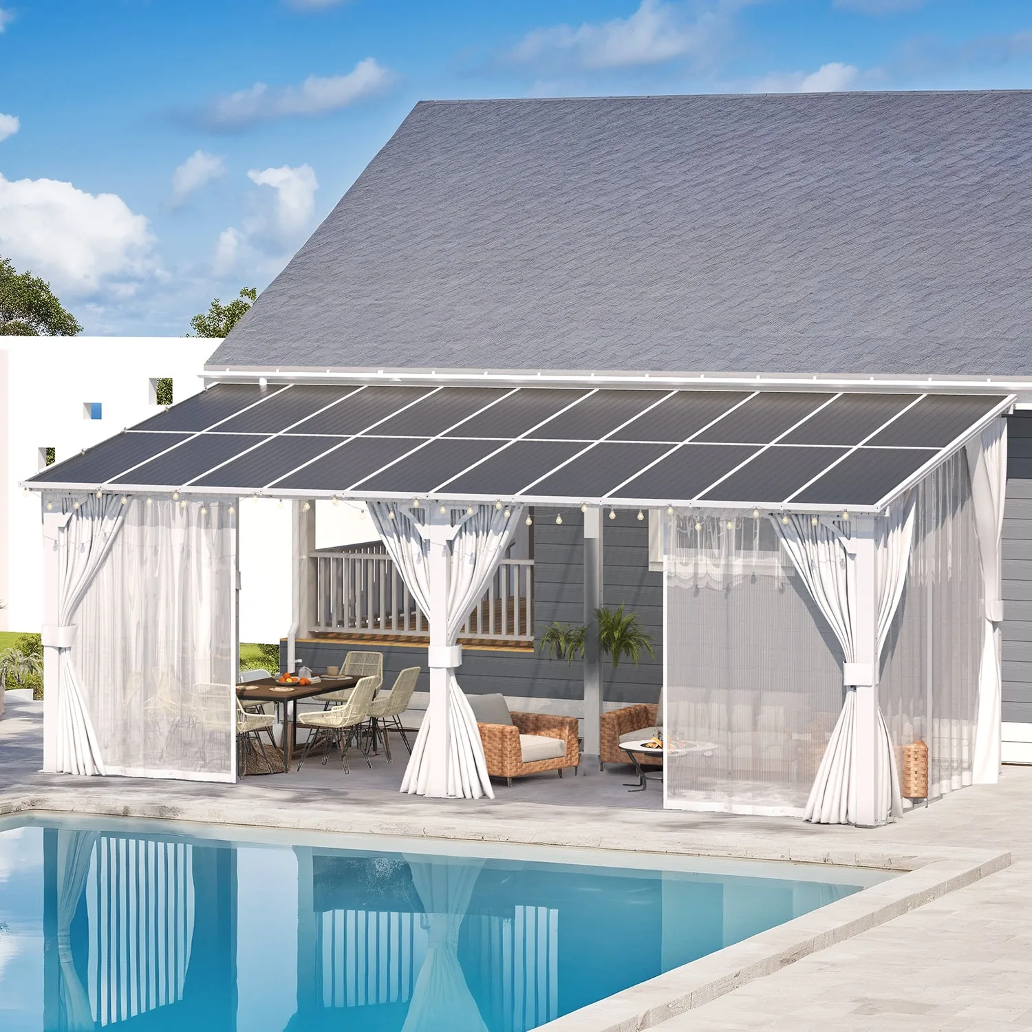 YODOLLA 20' x 8' Outdoor Lean to Gazebo Pergola with Curtain and Netting for Patio, White — view 3