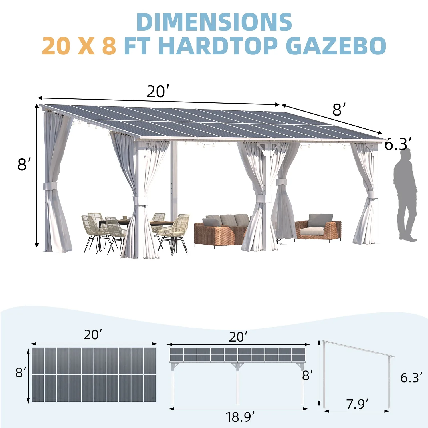 YODOLLA 20' x 8' Outdoor Lean to Gazebo Pergola with Curtain and Netting for Patio, White — view 5
