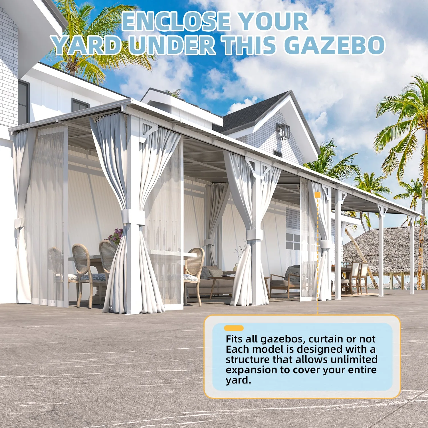YODOLLA 20' x 8' Outdoor Lean to Gazebo Pergola with Curtain and Netting for Patio, White — view 6