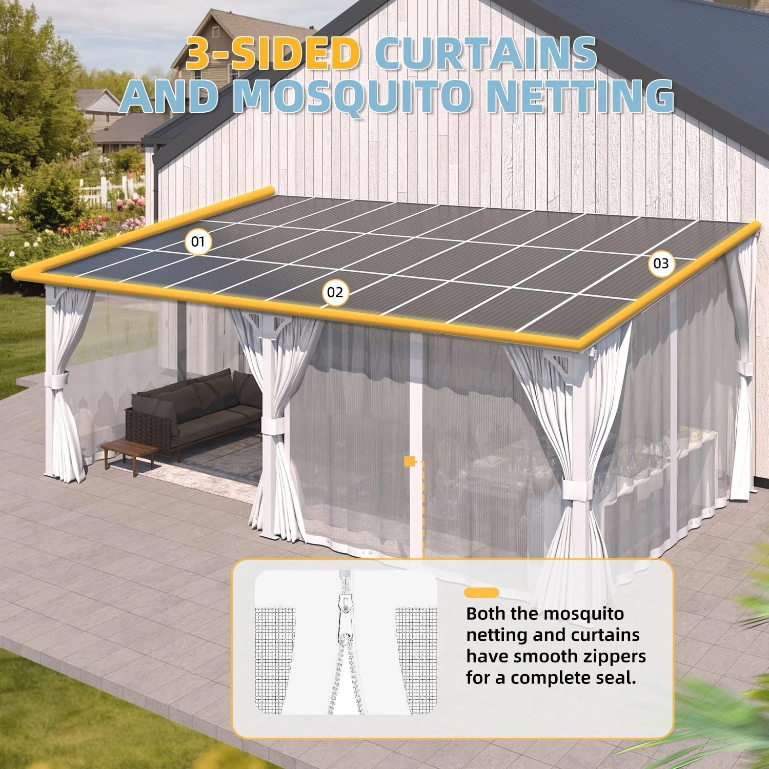YODOLLA 20' x 8' Outdoor Lean to Gazebo Pergola with Curtain and Netting for Patio, White — view 7
