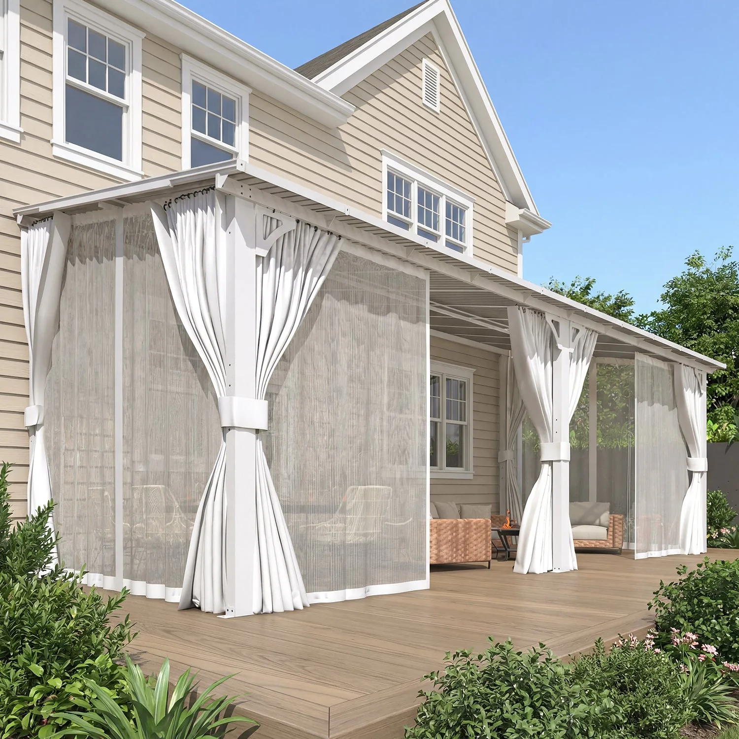 YODOLLA 20' x 8' Outdoor Lean to Gazebo Pergola with Curtain and Netting for Patio, White — view 8