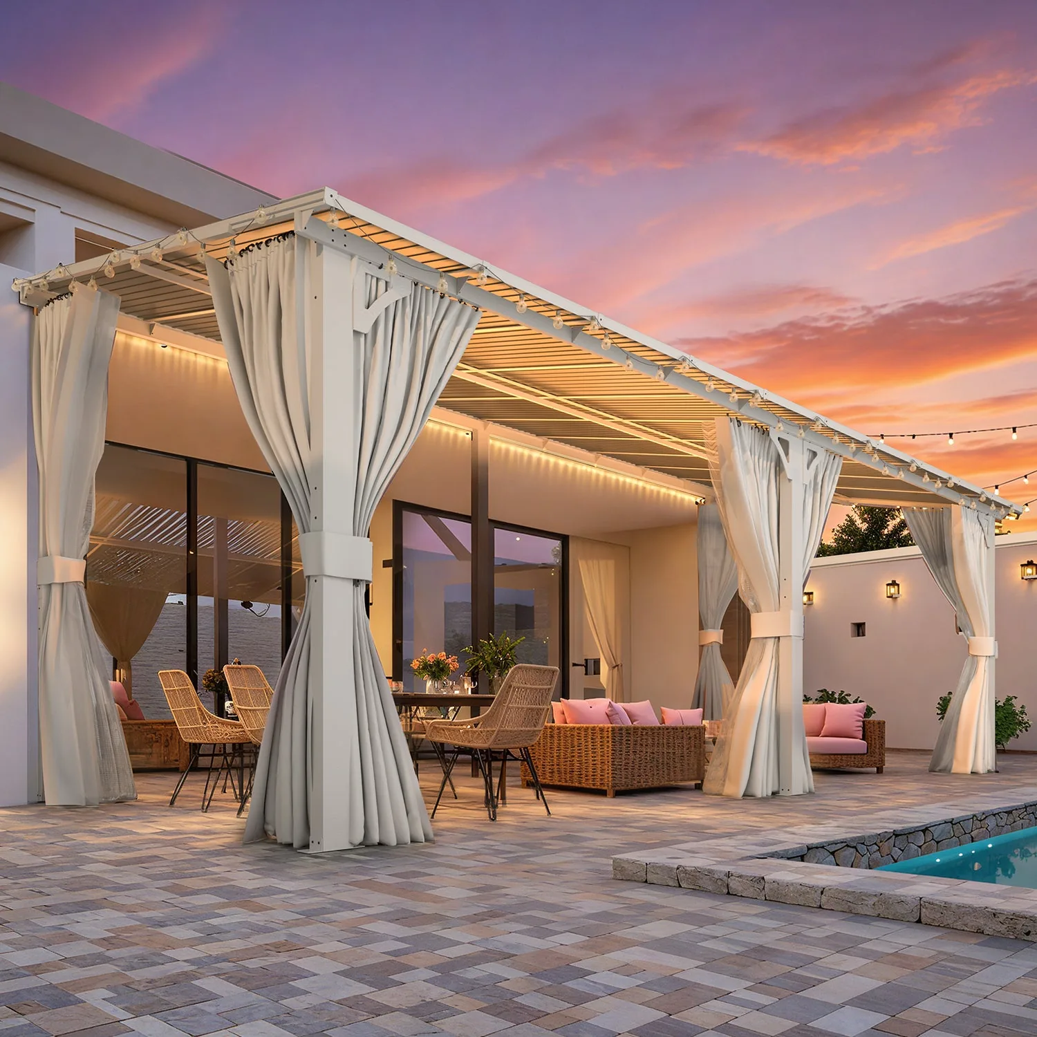 YODOLLA 20' x 8' Outdoor Lean to Gazebo Pergola with Curtain and Netting for Patio, White — view 9