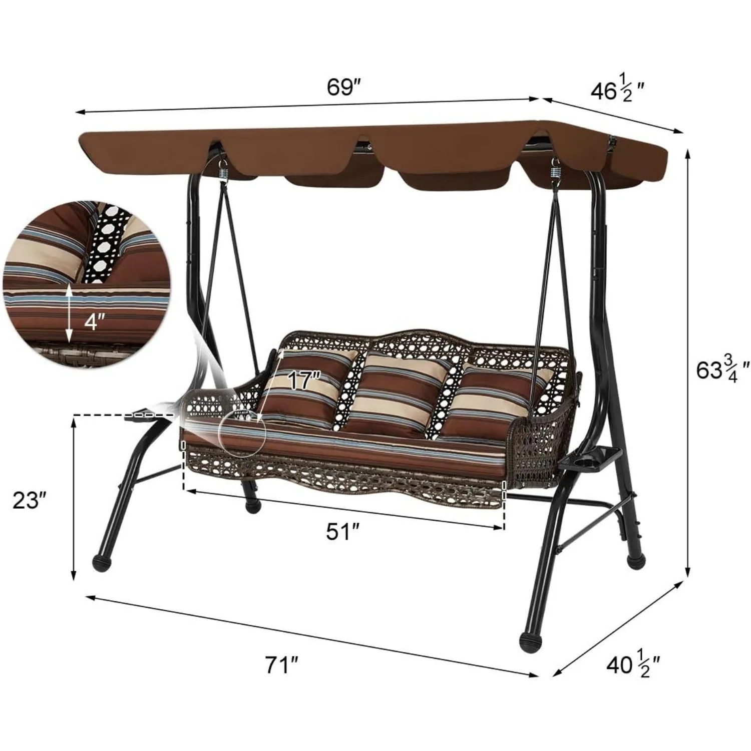 YODOLLA 3-Seat Outdoor Patio Swing Chair, Large Converting Canopy Porch Swing Glider — view 3