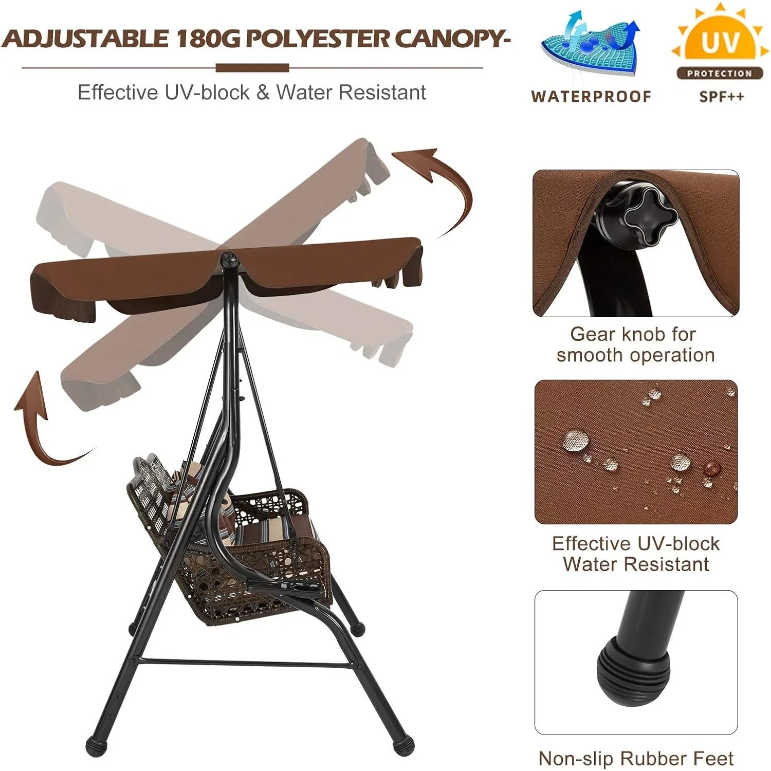 YODOLLA 3-Seat Outdoor Patio Swing Chair, Large Converting Canopy Porch Swing Glider — view 5