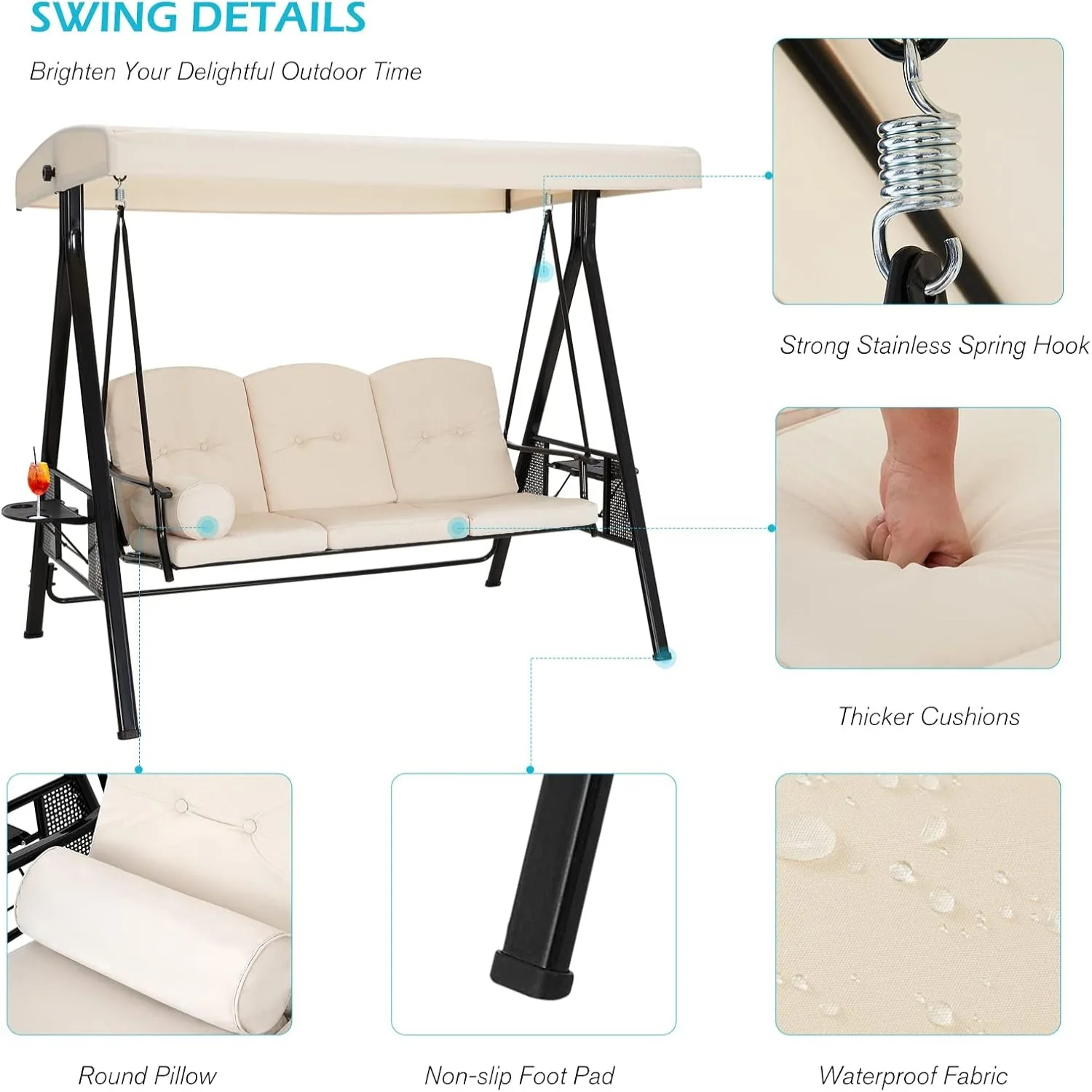 YODOLLA 3-Seat Patio Porch Swing Chair, Beige — view 6