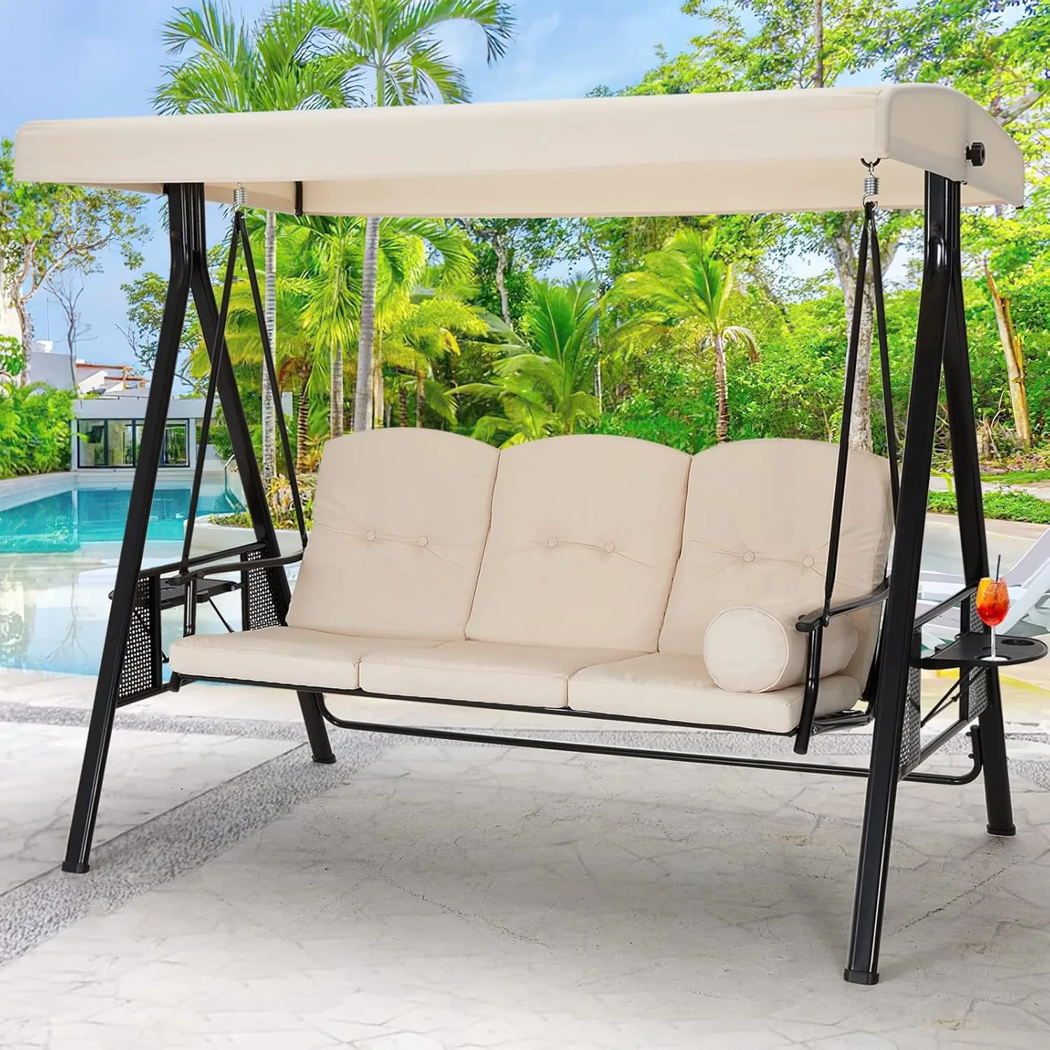 YODOLLA 3-Seat Patio Porch Swing Chair, Beige — view 8