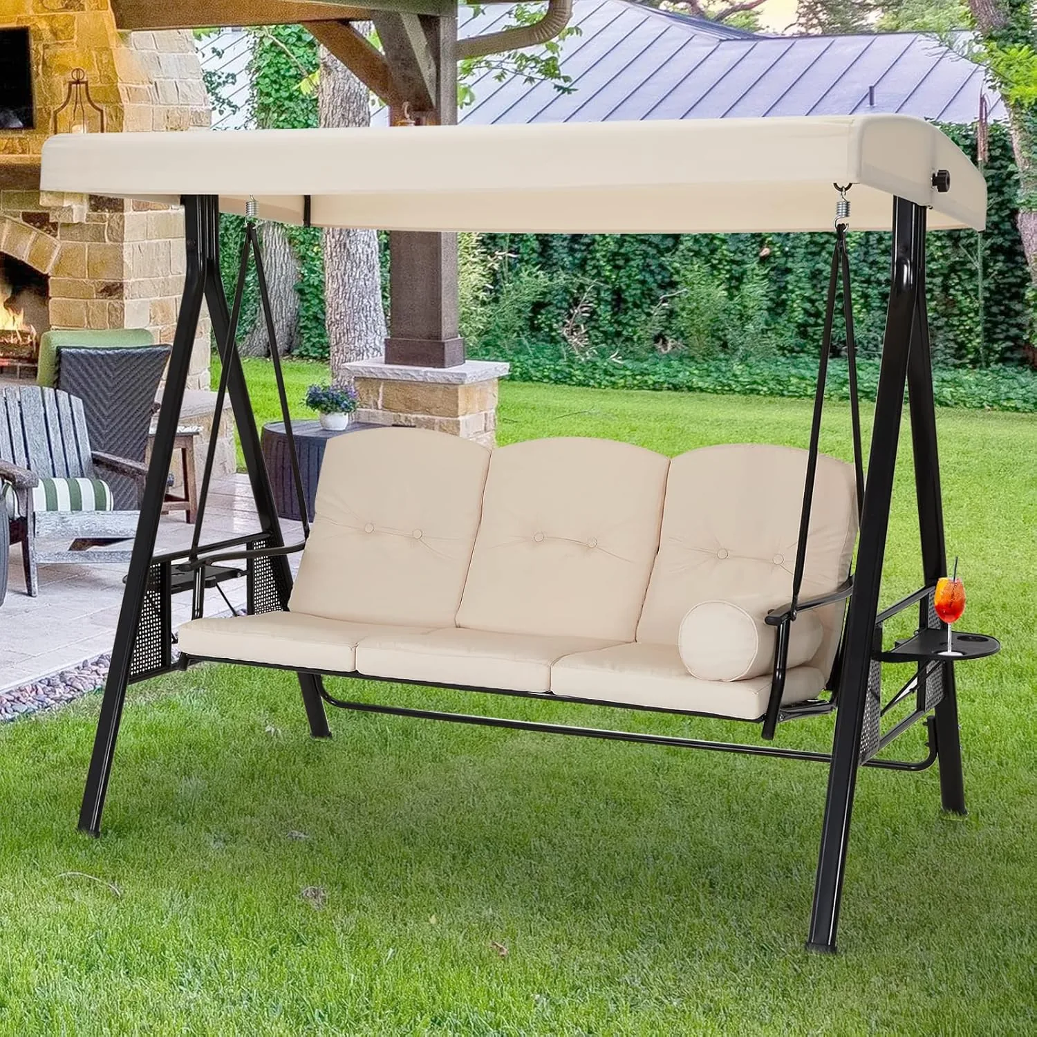 YODOLLA 3-Seat Patio Porch Swing Chair, Beige — view 9